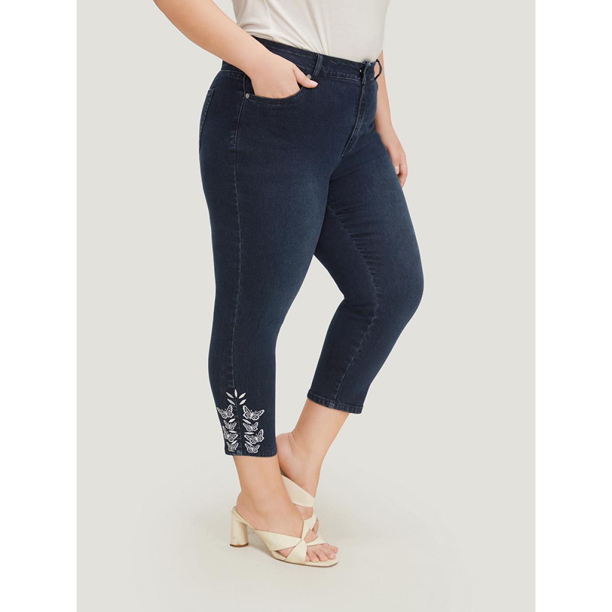 Plus Size Very Stretchy High Rise Dark Wash Butterfly Embroidered Jeans Women DarkBlue Casual Plain Embroidered High stretch Pocket Jeans BloomChic 26/4X Product Image