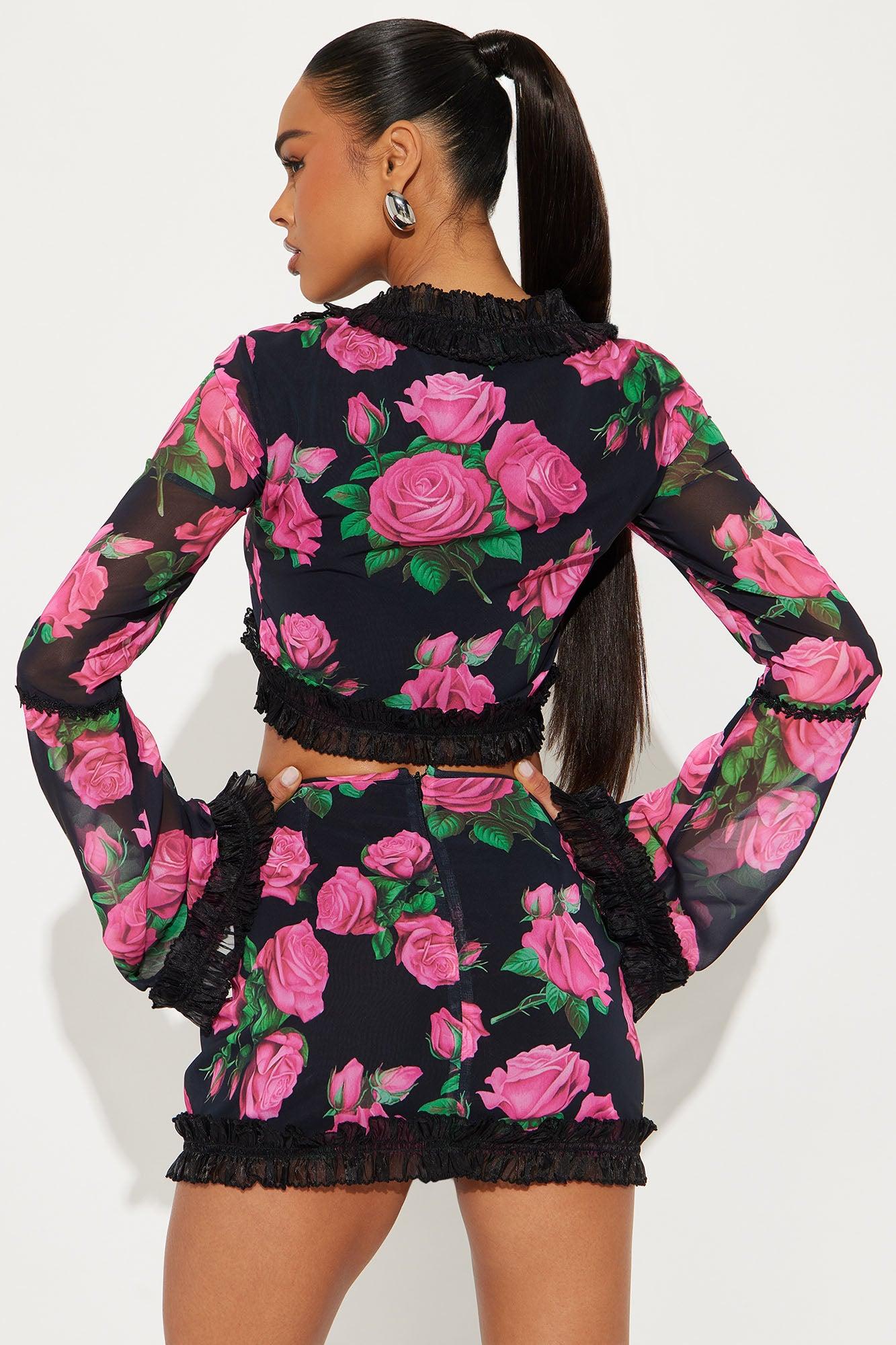 Midnight Diva Chiffon Mini Skirt Set - Black/Pink Product Image