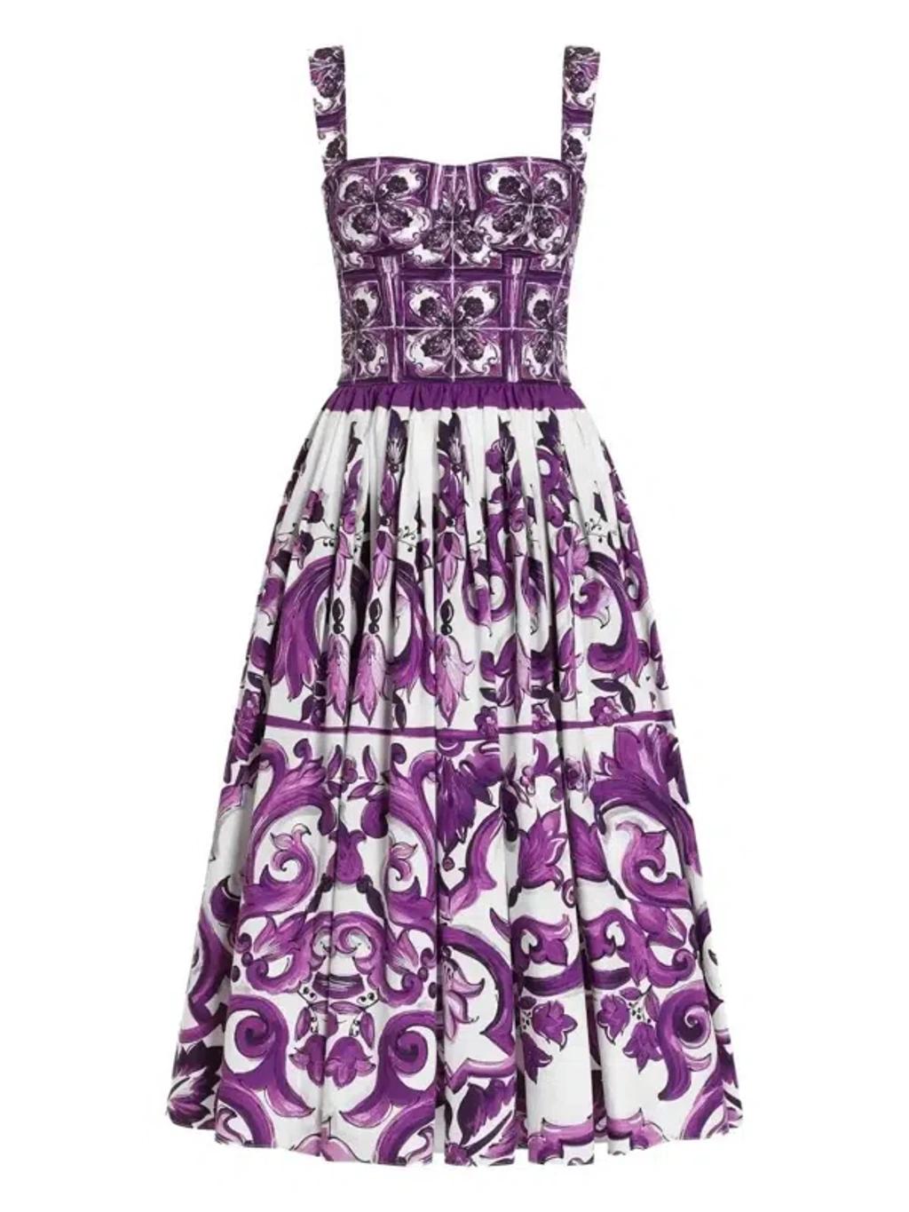 DOLCE & GABBANA Women Cotton Midi Dress With Maiolica Print In Purple Product Image