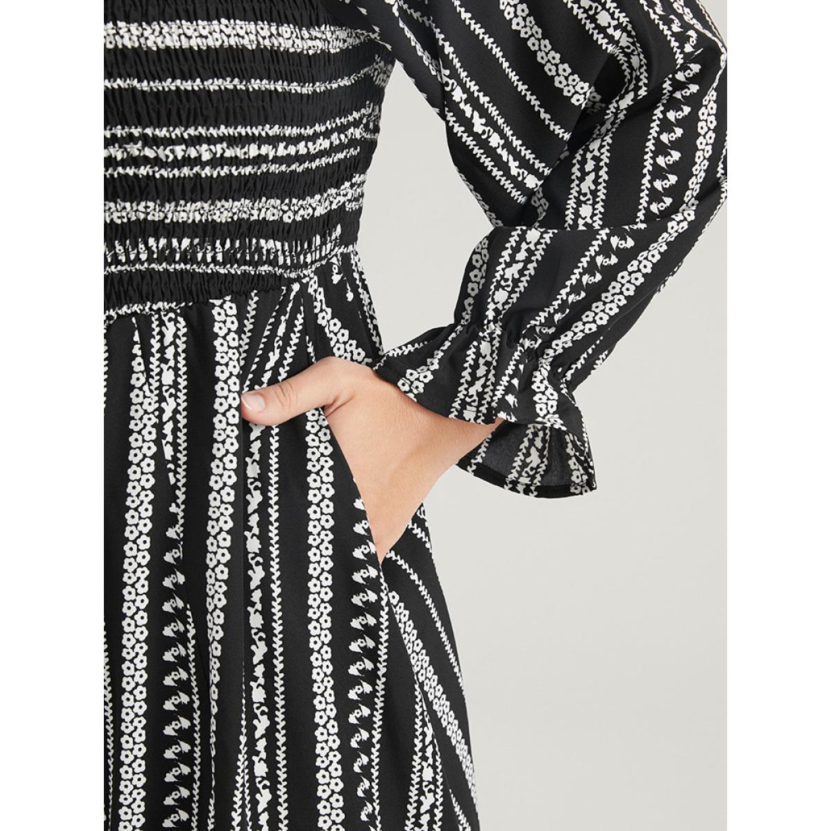 Plus Size Striped Square Neck Lantern Sleeve Pocket Shirred Split Dress Black Women Vacation Pocket Square Neck Long Sleeve Curvy Midi Dress BloomChic 26/4X Product Image