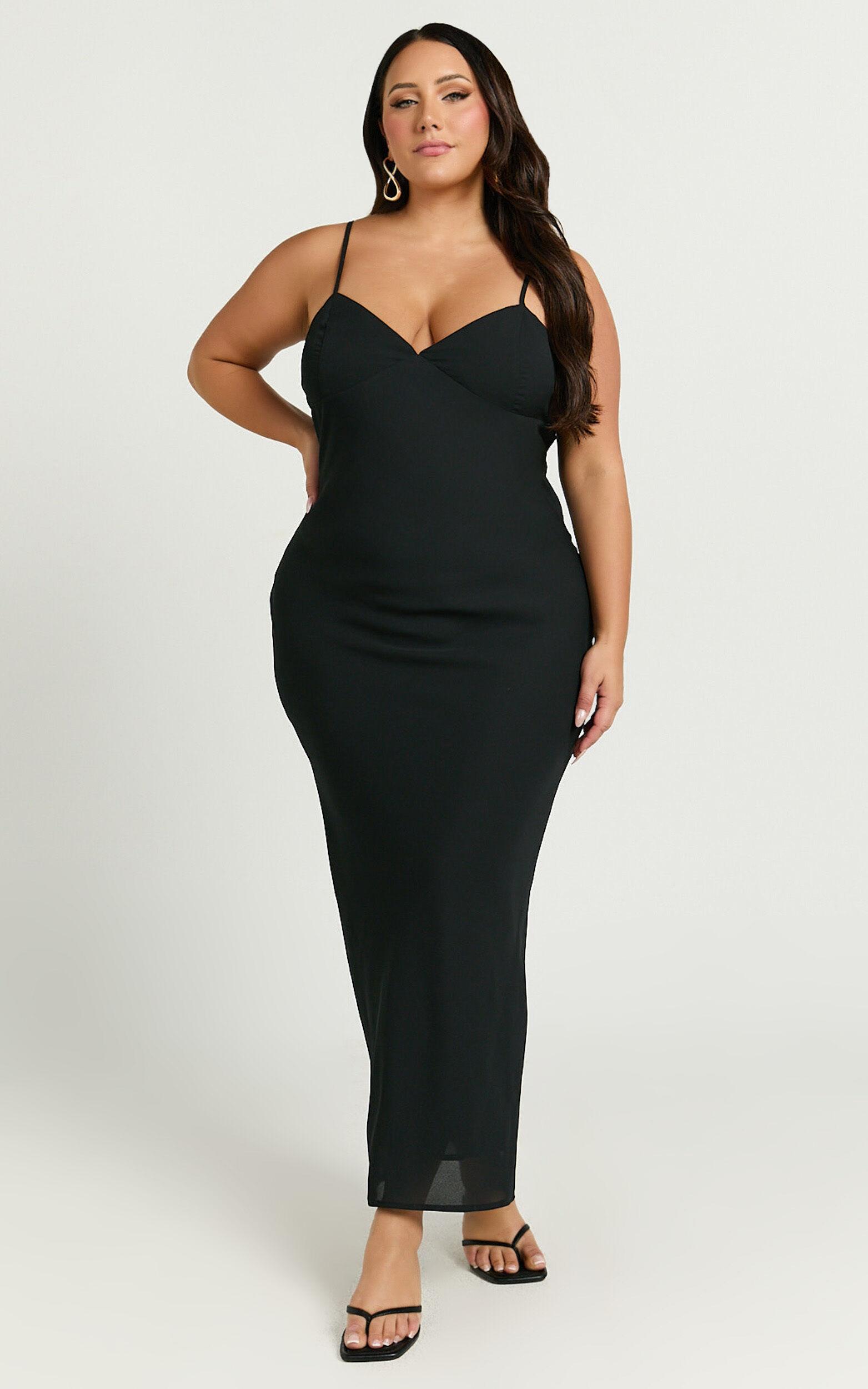 Fayette Midi Dress - V Neck Slip Dress in Black Product Image