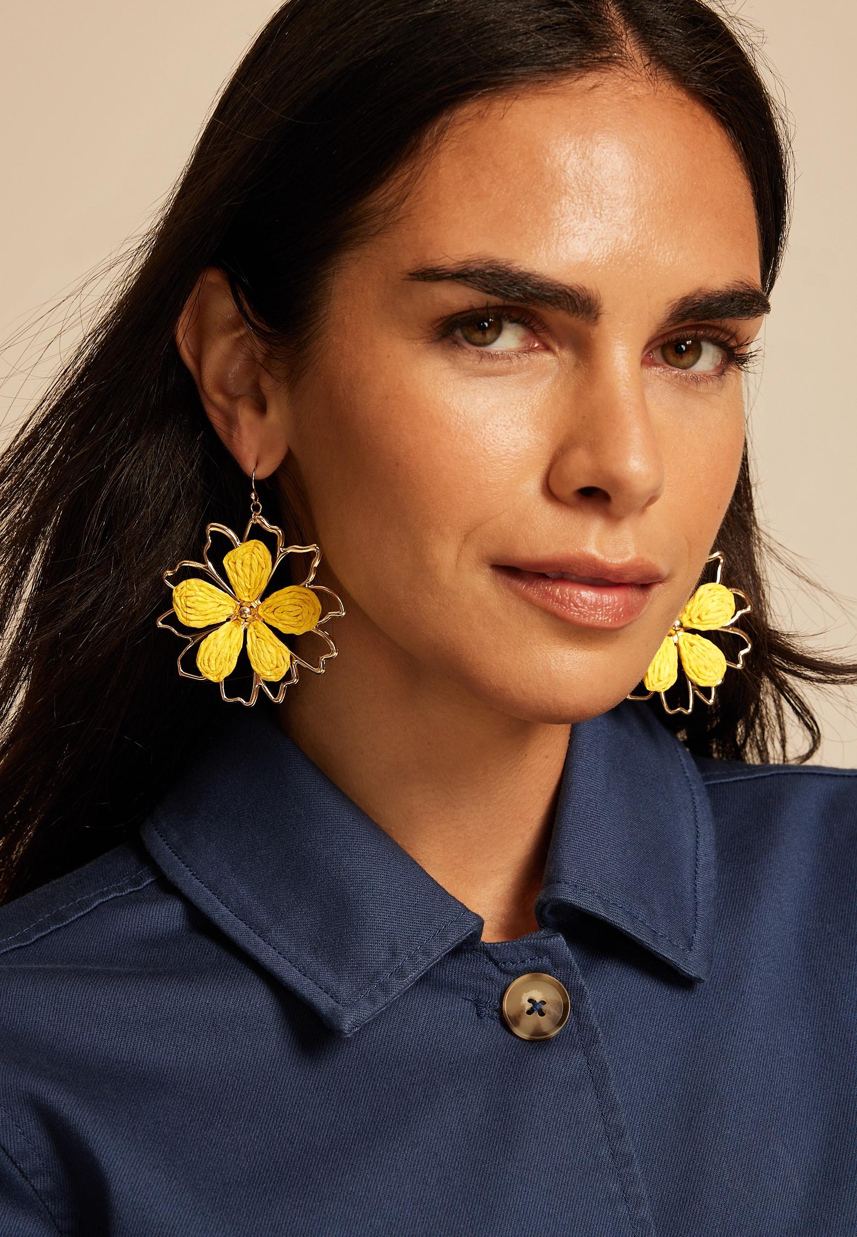 Gold And Yellow Floral Raffia Drop Earrings Product Image