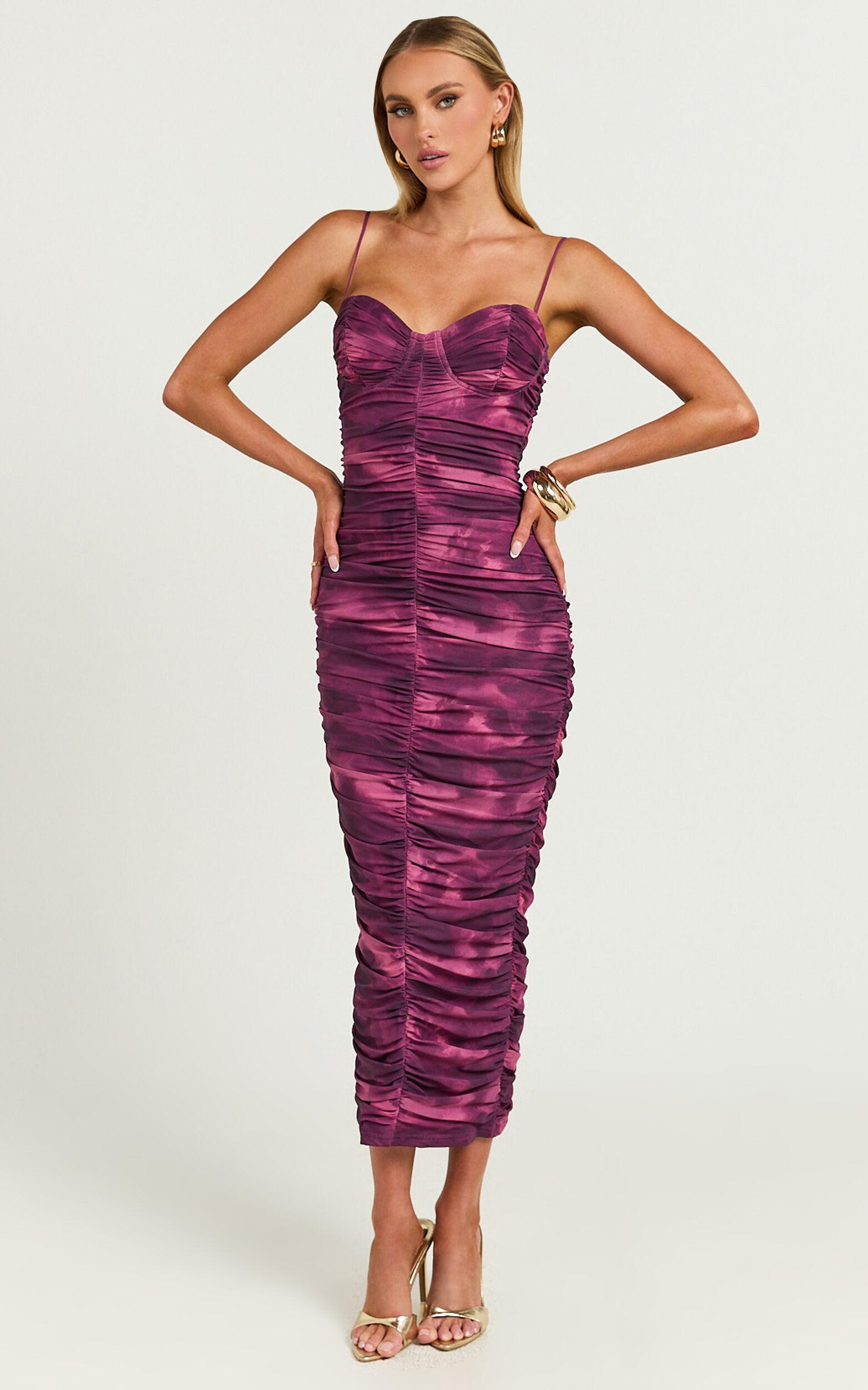 Leanor Midi Dress - Mesh Ruched Bustier Bodycon Dress in Purple Fields Product Image