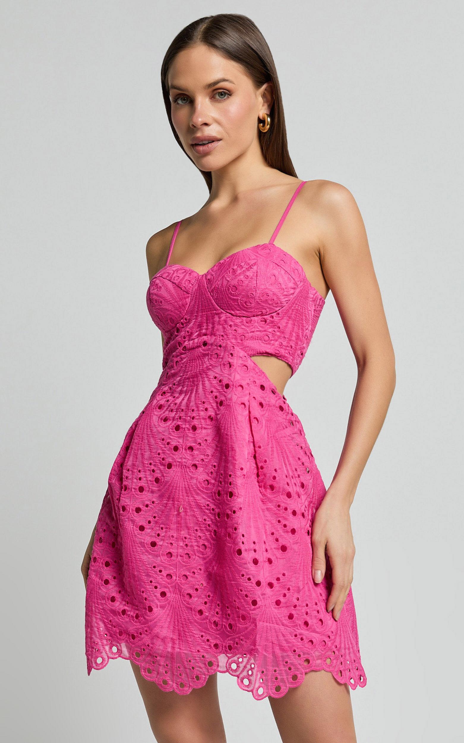 Layne Mini Dress - Strappy Cut Out Embroidered Dress in Pink Product Image