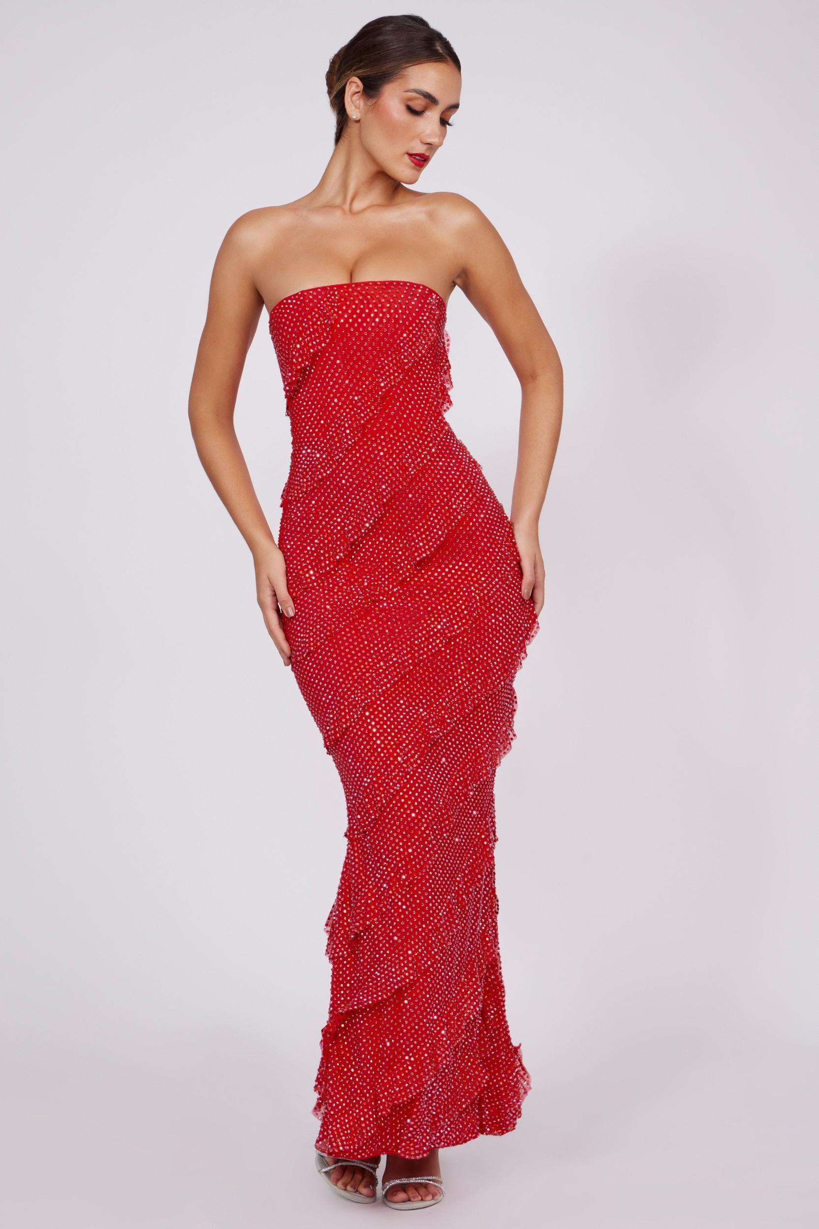 Embellished Strapless Ruffle Maxi Dress in Fire Red Product Image