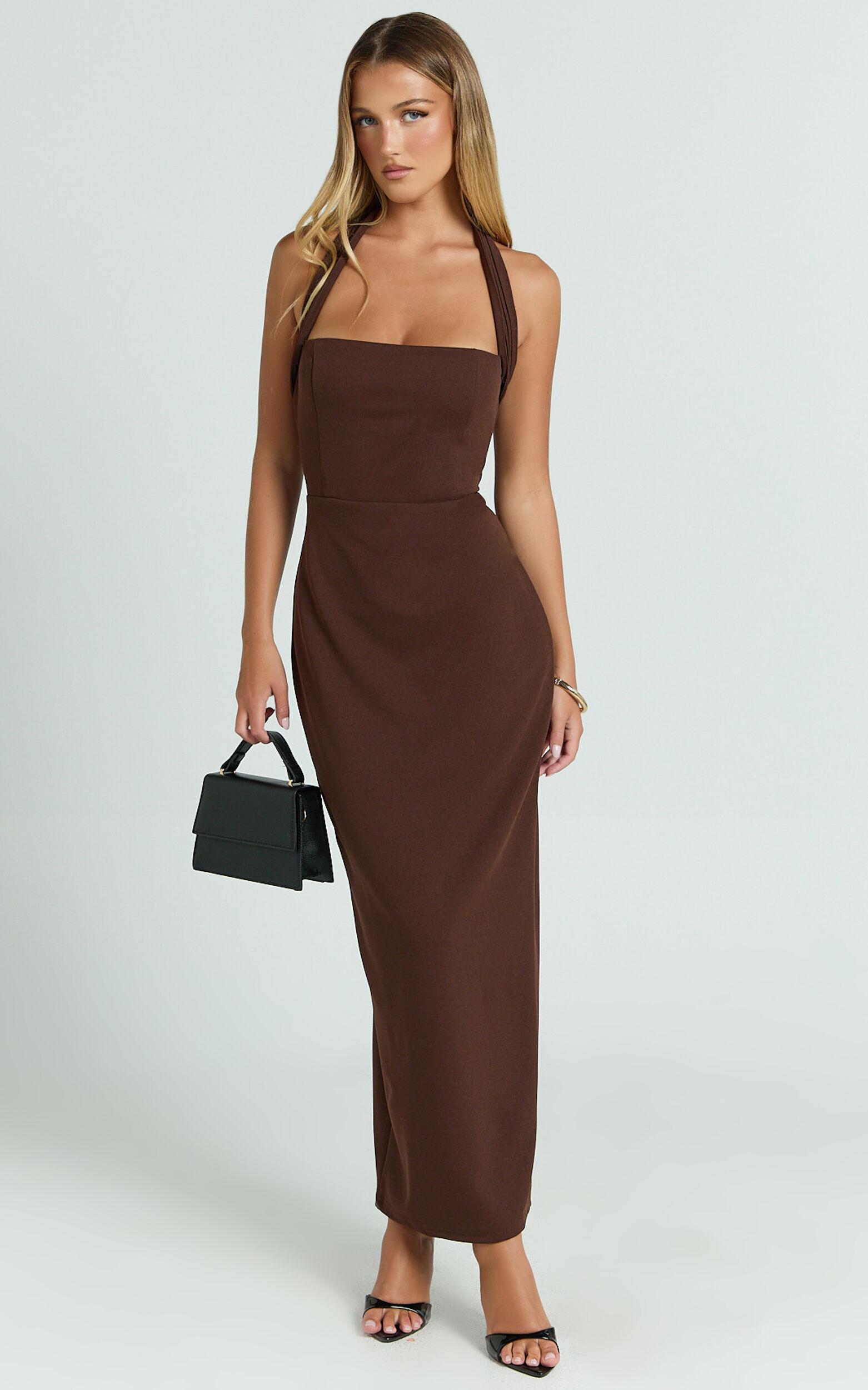 Salome Midi Dress - Halter Neck Column Dress in Chocolate Product Image