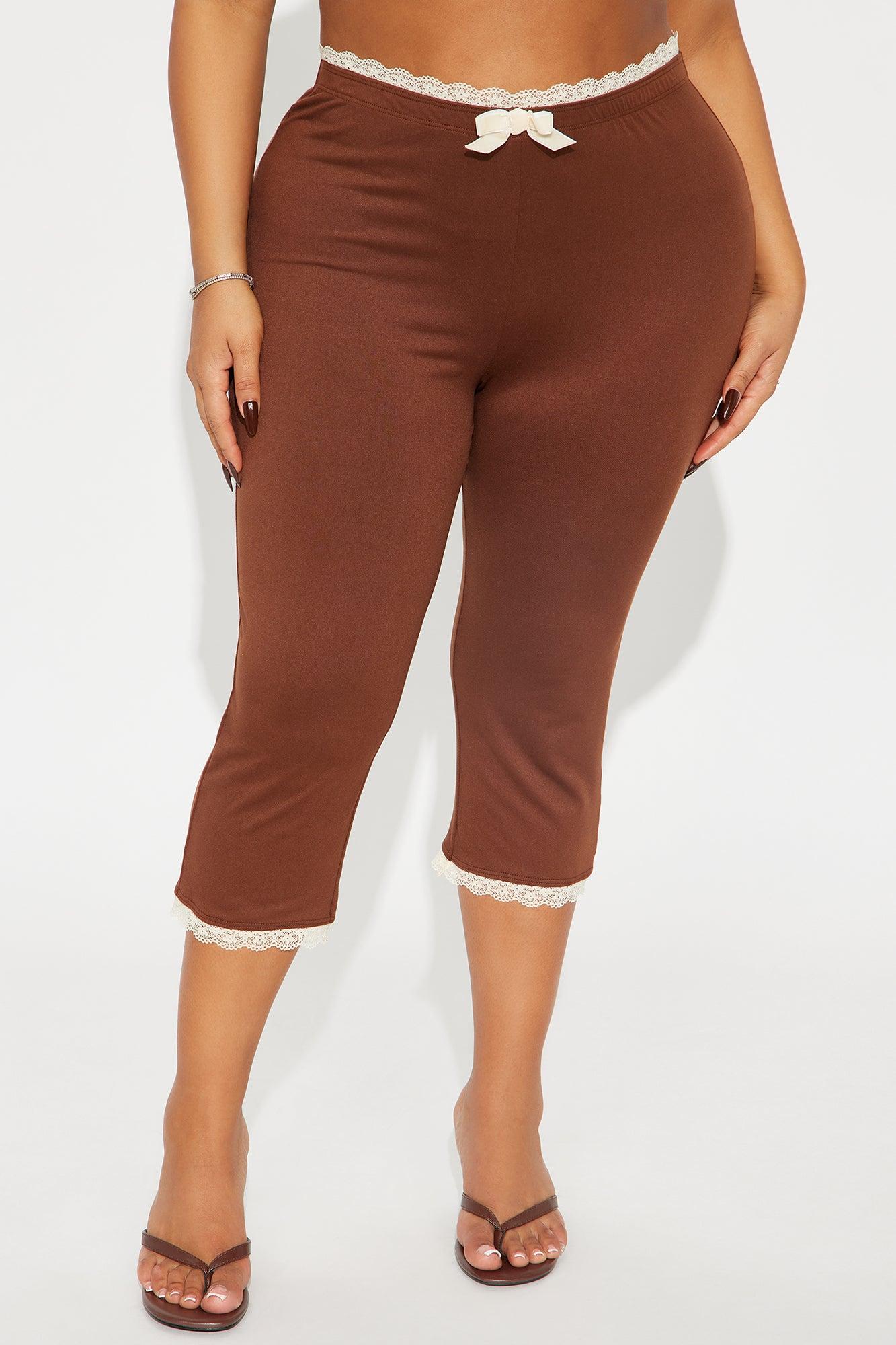 Valentina Solid Lace Trim Capri Legging - Brown Product Image
