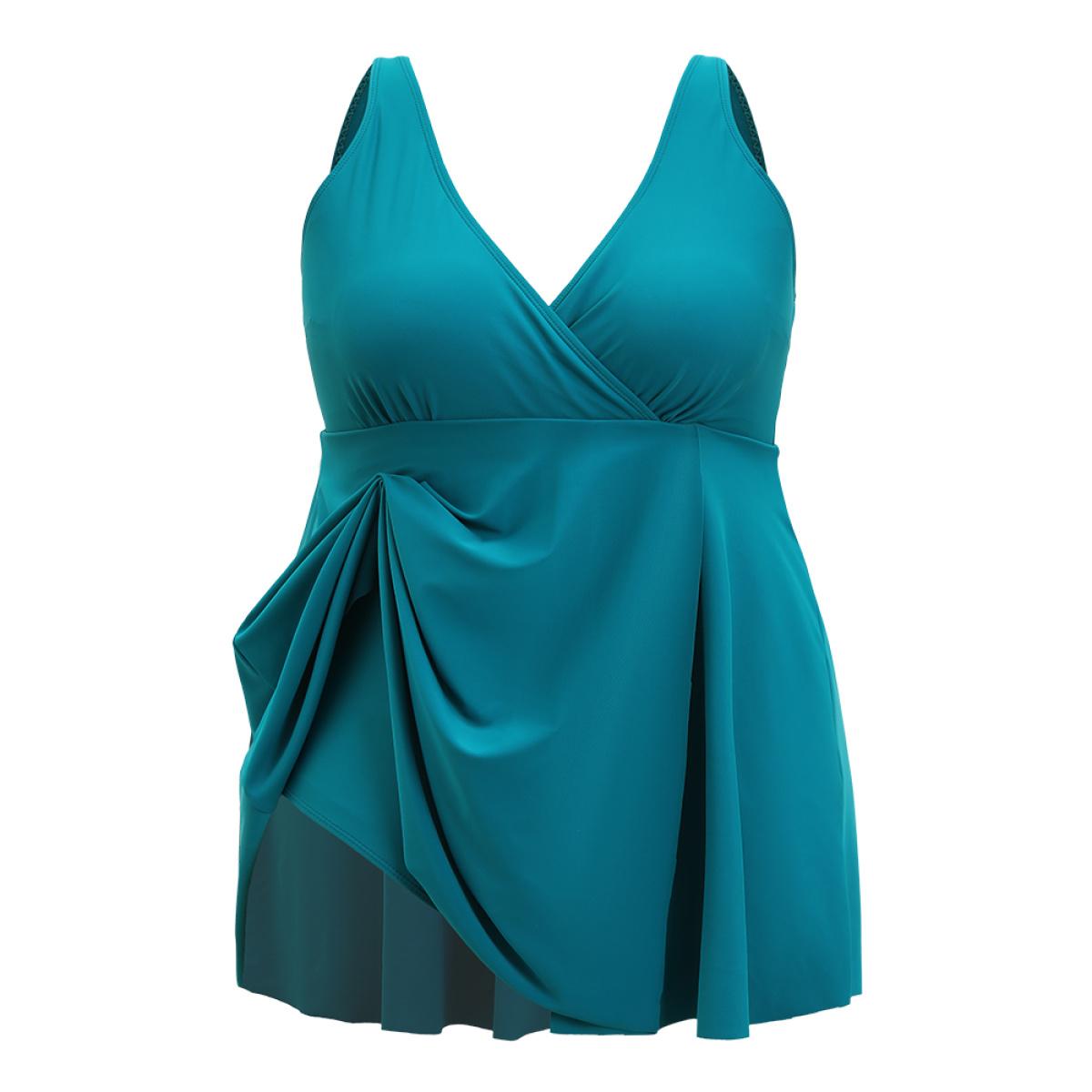 Plus Size Adjustable Straps Ruffles Wrap Split Swim Dress Women's Swimwear Teal Vacation Bodycon V-neck High stretch Curve Swim Dresses BloomChic 28/5X Product Image