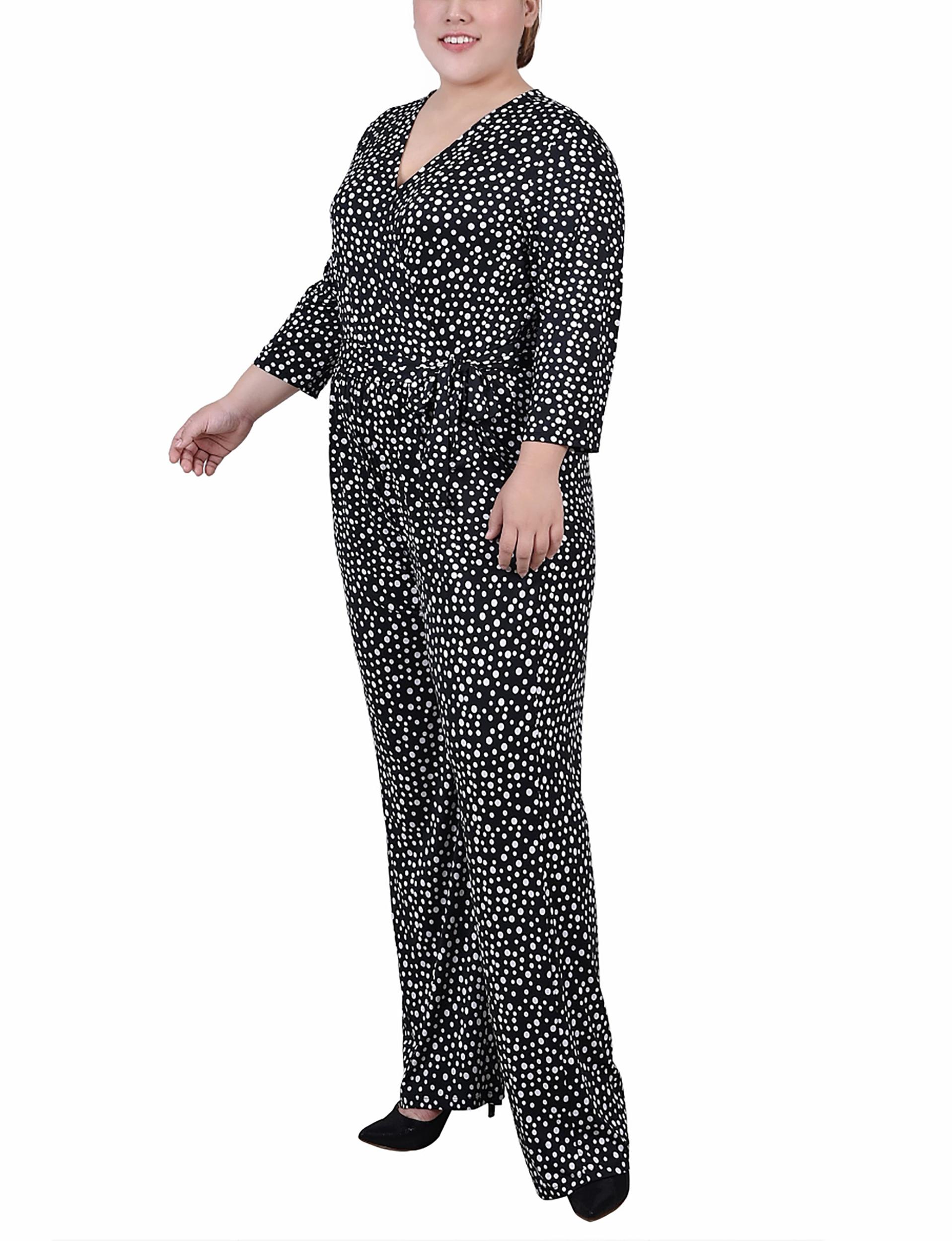 Black Spotted 3/4 Sleeve Belted Jumpsuit - Plus Product Image