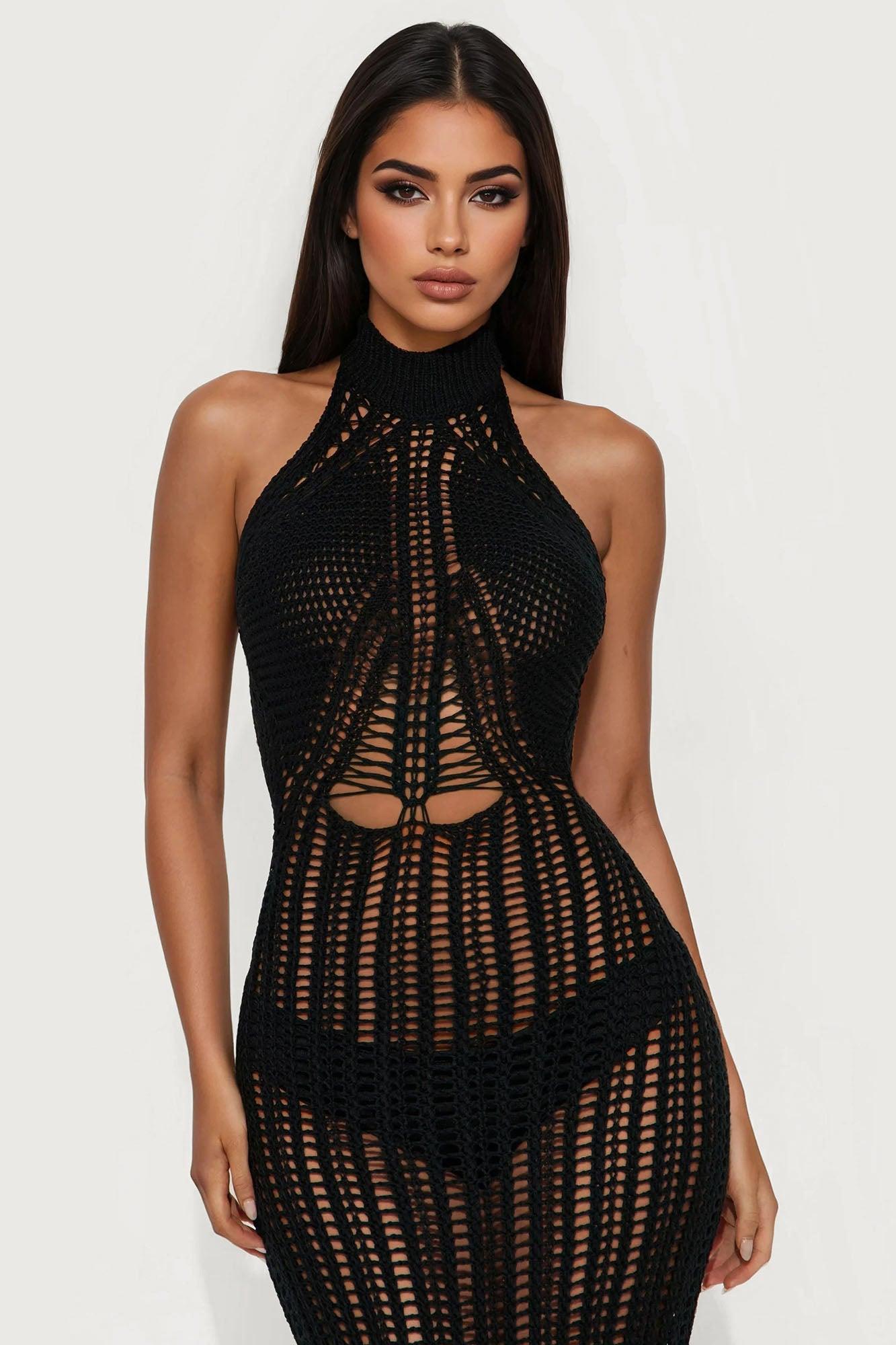 Elena High Neck Crochet Maxi Dress - Black Female Product Image