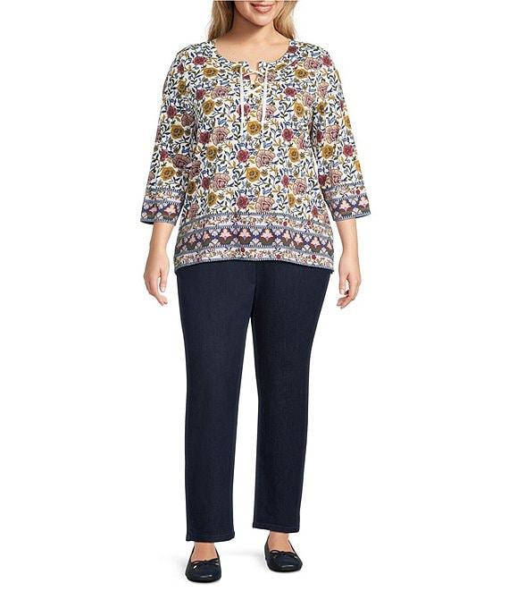 Allison Daley Plus Vintage Bloom Border Print 3/4 Ruched Sleeve Tie Neck Knit Top Product Image