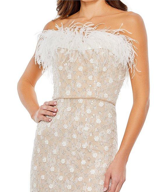 Mac Duggal Sequin Strapless Feather Neck Floral Lace Slit Back Dress Product Image