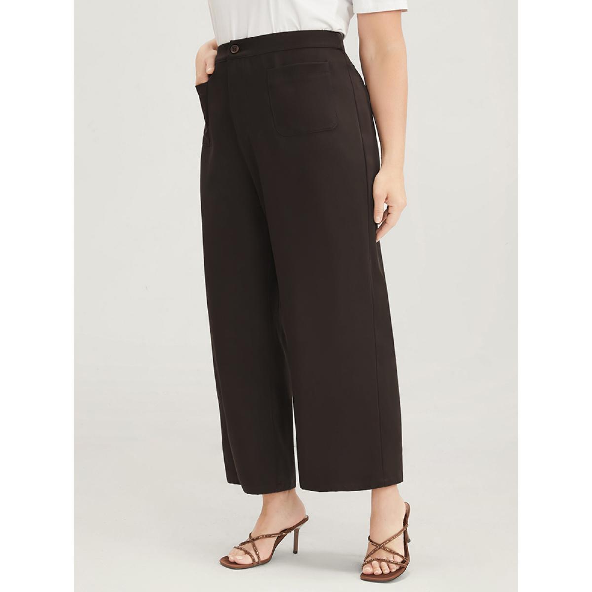 Plus Size Plain Pocket Front Wide Leg High Rise Pants Women DarkBrown Office Wide Leg High Rise Work Pants BloomChic 30/6X Product Image
