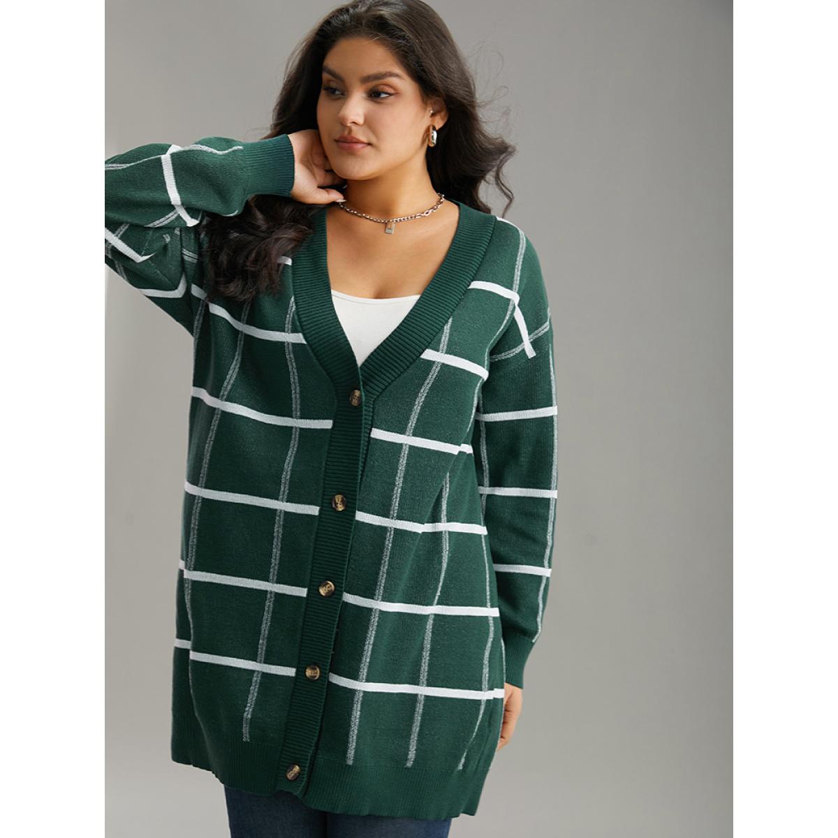 Plus Size Plaid Striped Button Through Cardigan DarkGreen Women Casual Loose Long Sleeve Everyday Cardigans BloomChic 26/4X Product Image