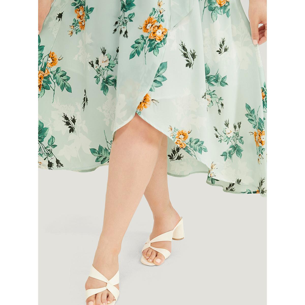 Plus Size Floral Pocket Ruffle Sleeve Wrap Belt Asymmetrical Hem Dress LightGreen Women Elegant Cross straps V-neck Short sleeve Curvy Midi Dress BloomChic 30/6X Product Image
