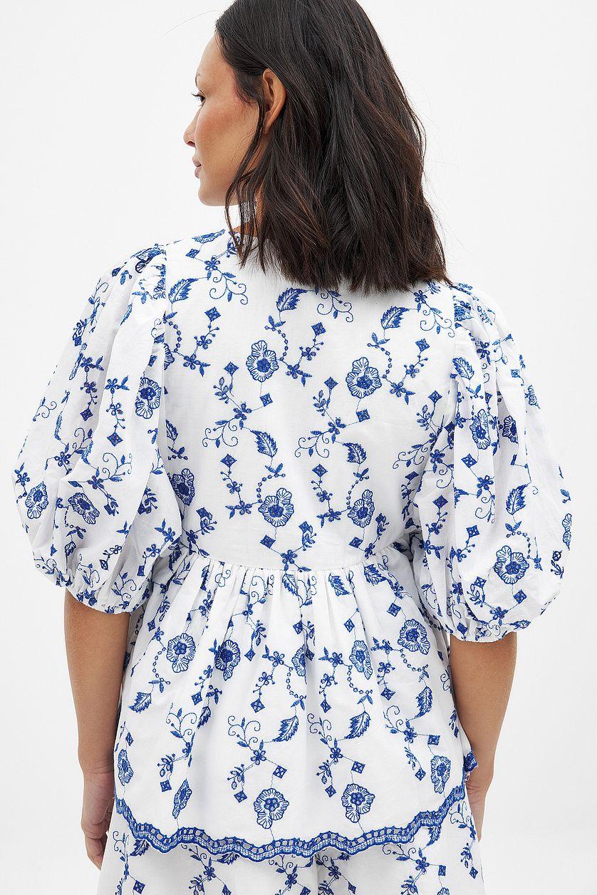 Embroidered Contrast Tie Front Blouse Product Image