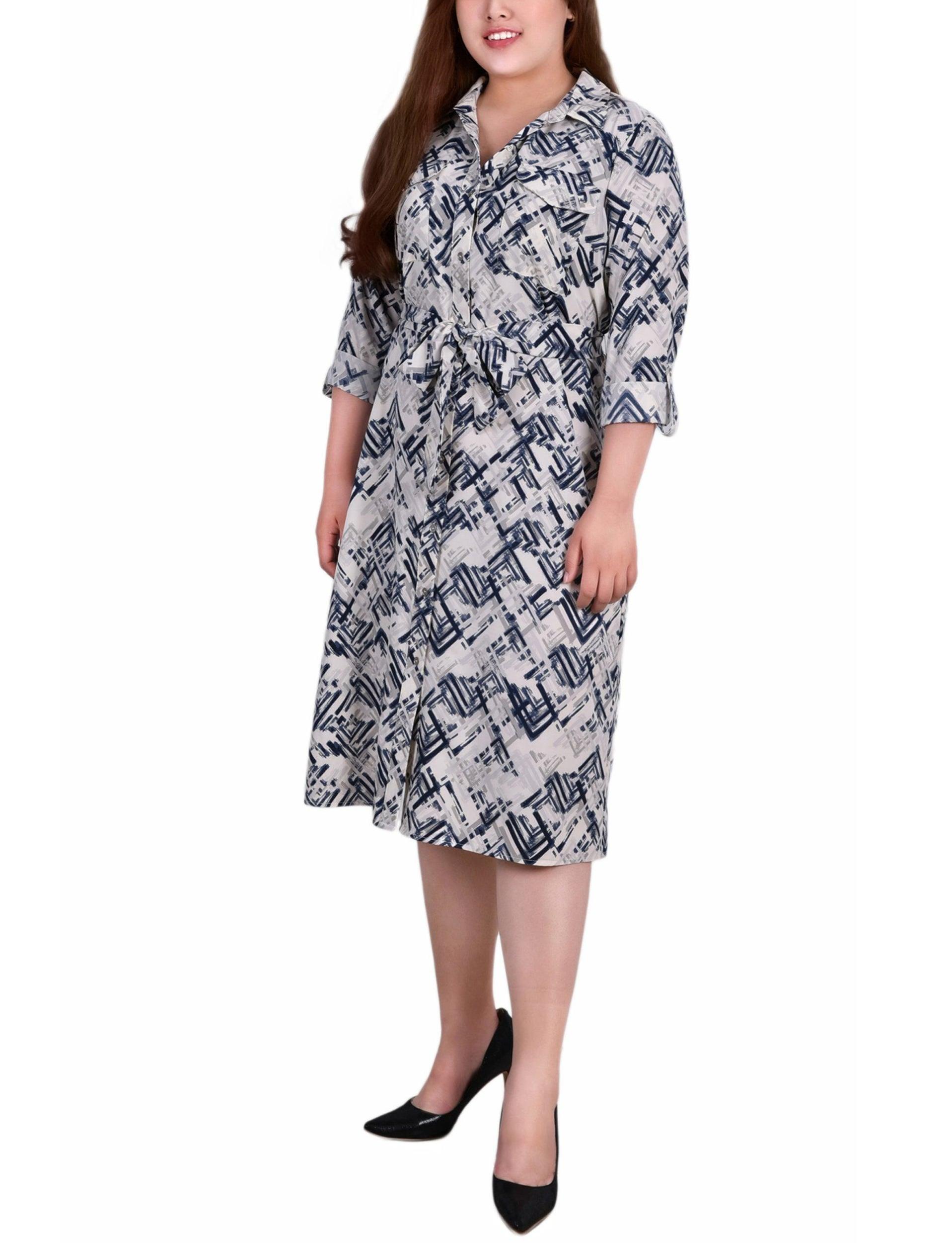 Blue White 3/4 Roll Tab Sleeve Belted Shirtdress - Plus Product Image
