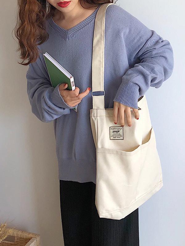 Simple Solid Color With-pockets Canvas Handbag Product Image