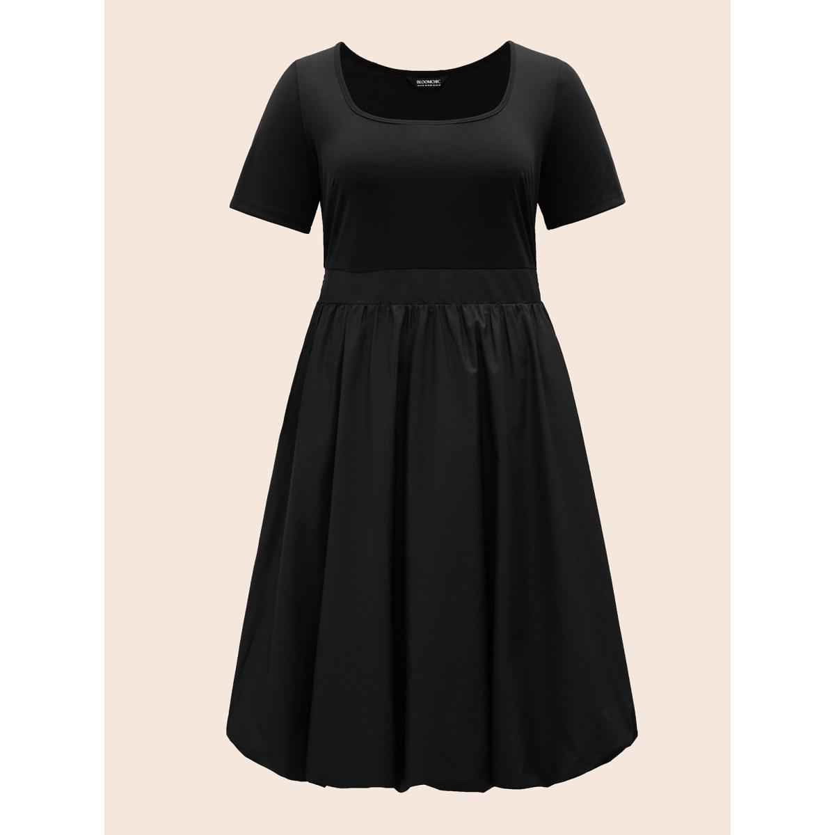 Plus Size Solid Shirred Bubble Hem Midi Dress Black Women Elegant Patchwork Square Neck Short sleeve Curvy BloomChic 22-24/3X Product Image