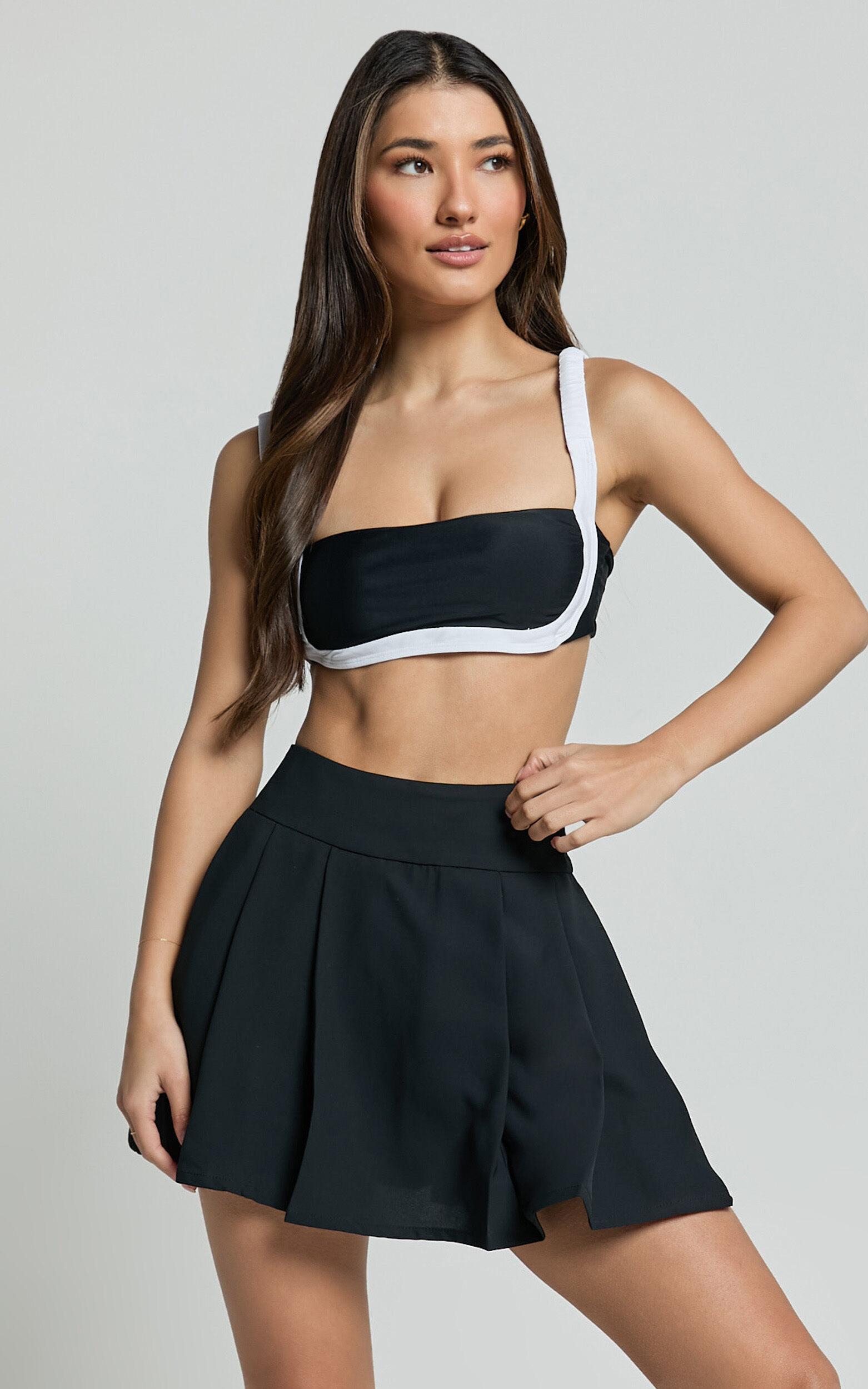Elouise Top - Contrast Ruched Strap Crop Top in Black/White Product Image