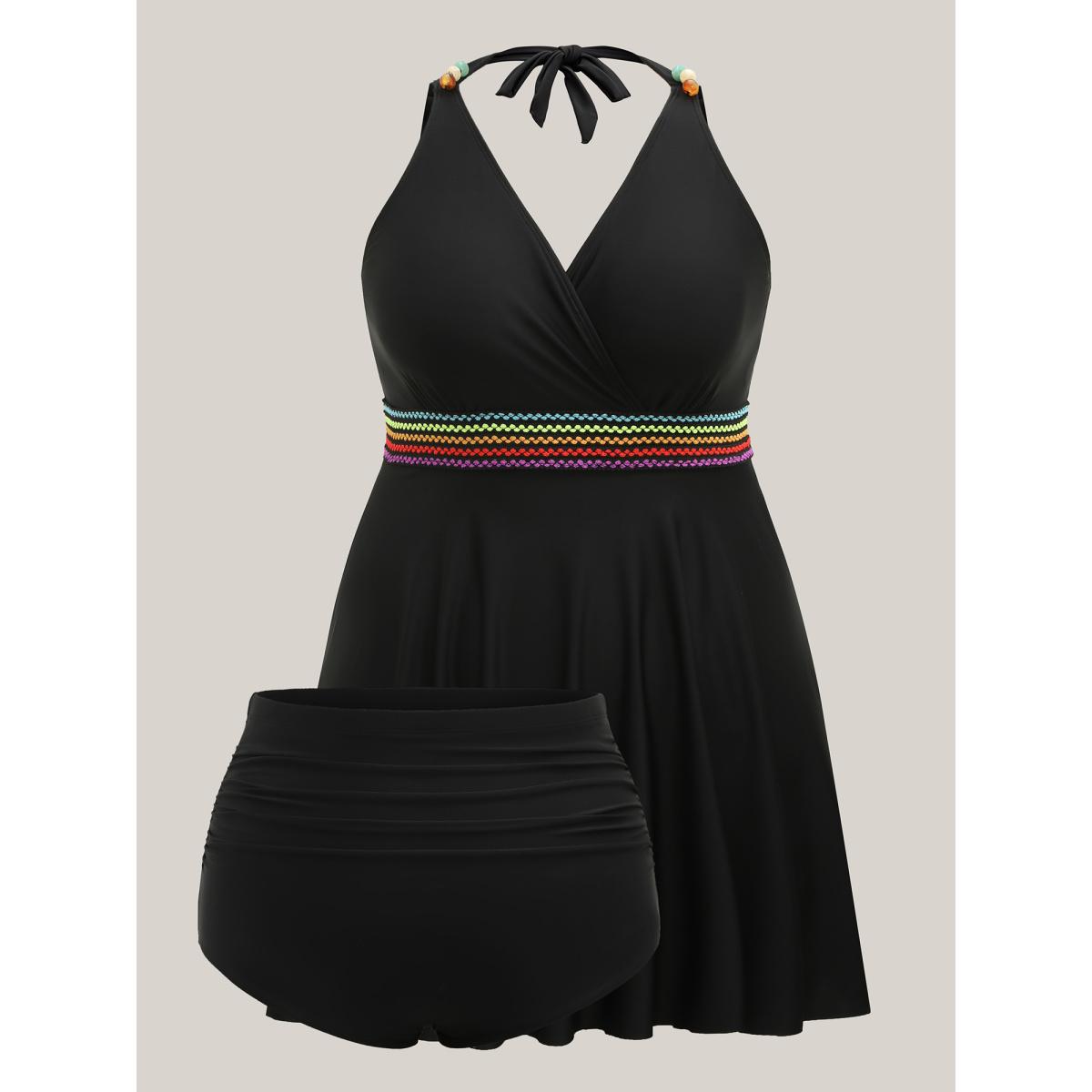 Plus Size Colorful Webbed Pockets Adjustable Swim Dress Women's Swimwear Black Resort Bodycon Overlap Collar High stretch Curve Swim Dresses BloomChic 22-24/3X Product Image