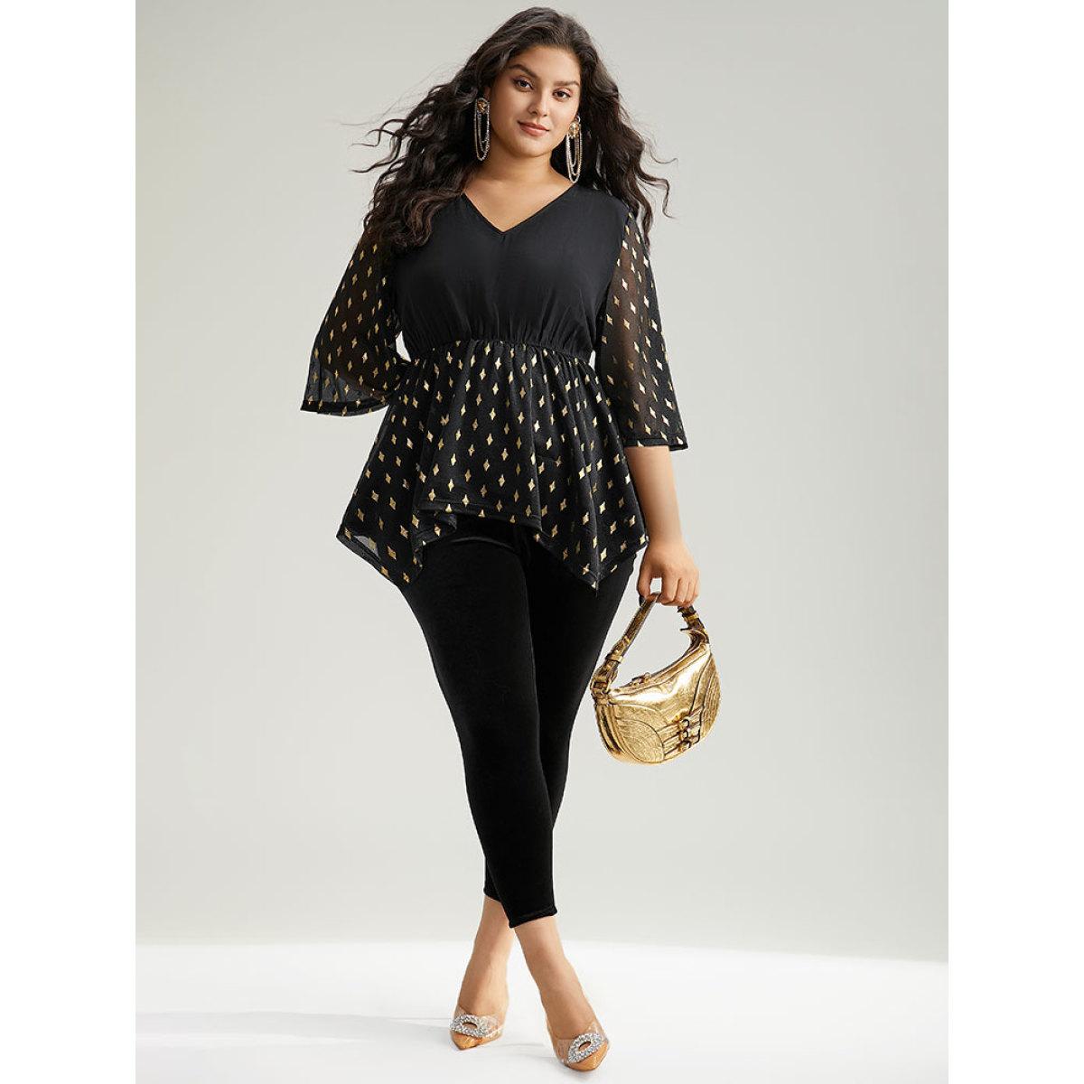 Plus Size Black Glitter Patchwork Mesh Hanky Hem Blouse Women Glamour Elbow-length sleeve V-neck Festival-Christmas Blouses BloomChic 12/L Product Image