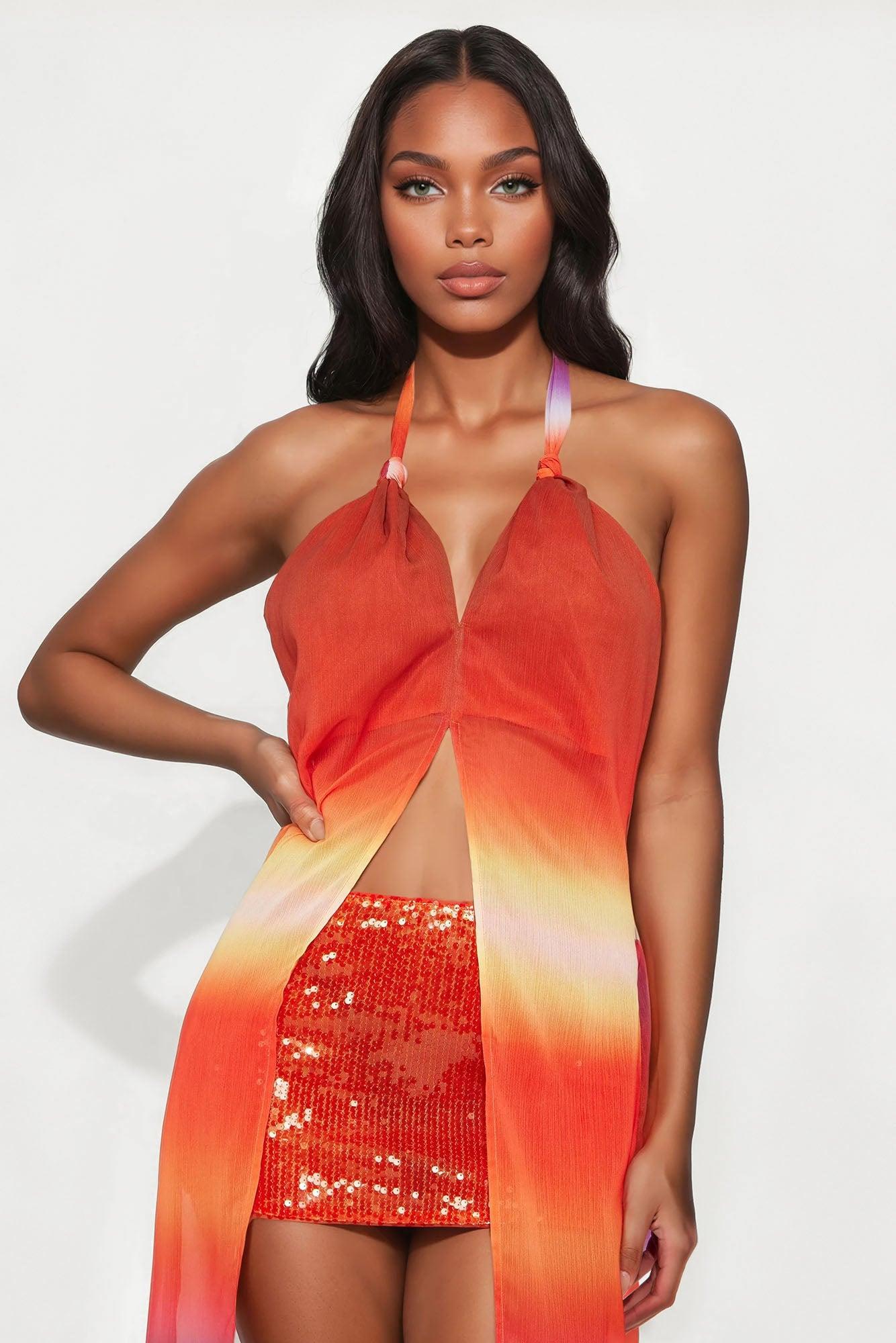 Chasing Sunset Chiffon Halter Top - Orange/combo Female Product Image