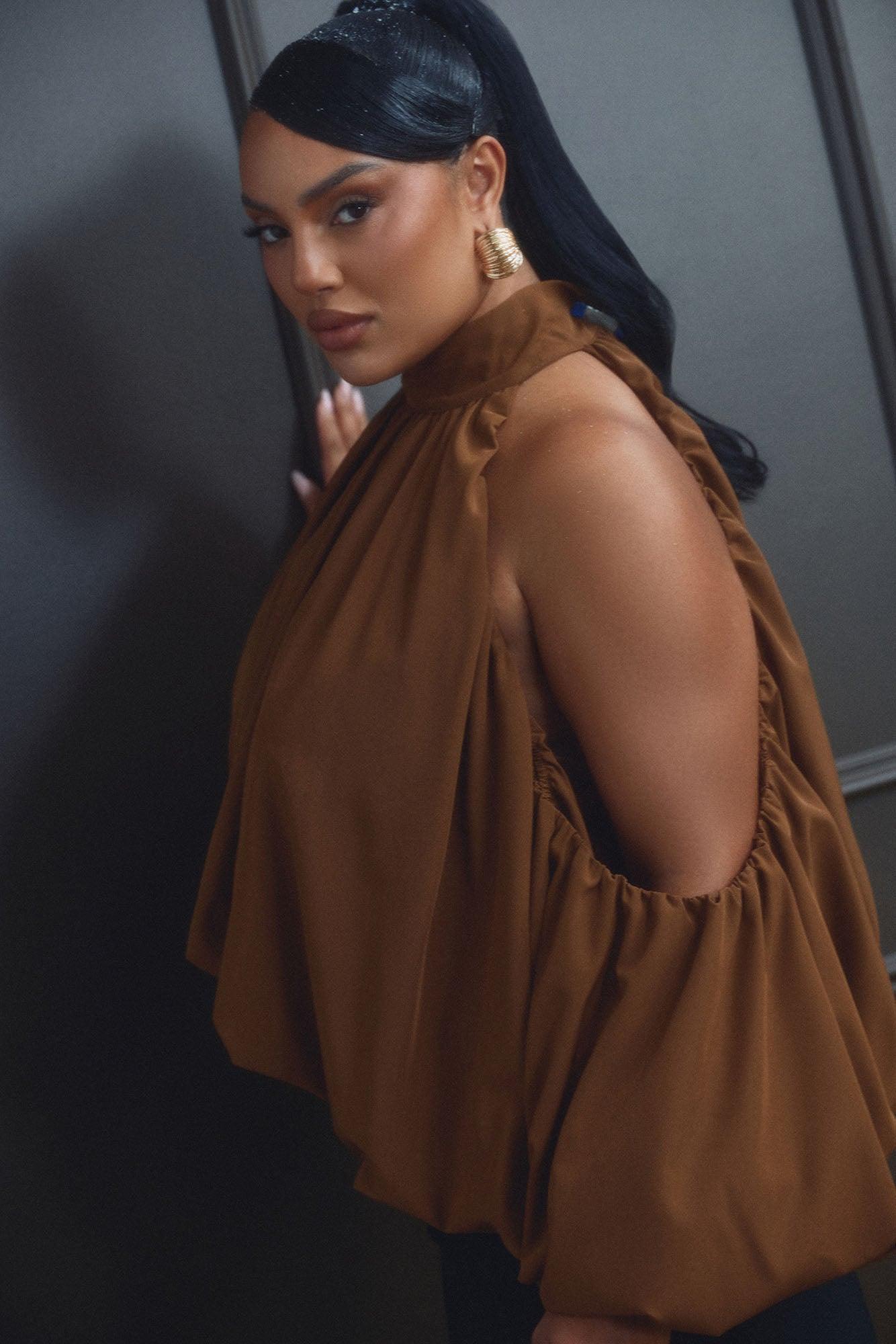 Inner Goddess Draped Lantern Top - Brown Female Product Image