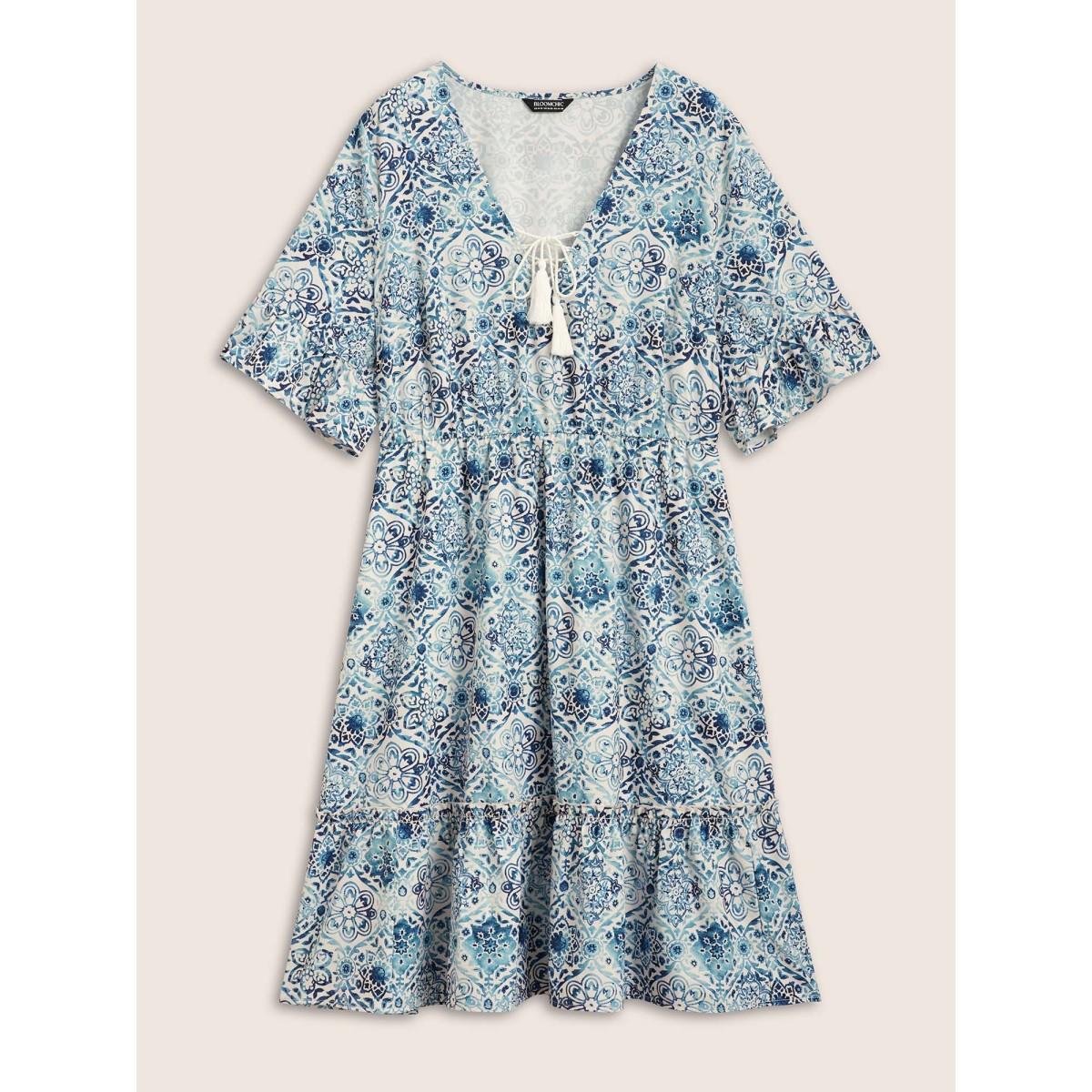 Plus Size Boho Print Tassels Trim Flutter Sleeve Dress DarkBlue Women Resort Wraparound straps V-neck Half Sleeve Curvy BloomChic 18-20/2X Product Image