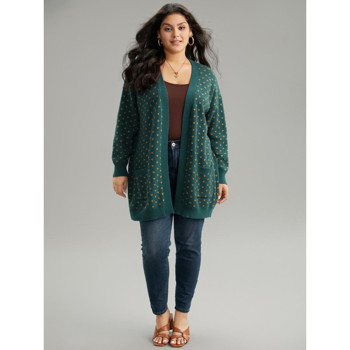 Plus Size Anti-Pilling Geometric Pocket Open Front Cardigan Cyan Women Casual Loose Long Sleeve Everyday Cardigans BloomChic 10/M Product Image