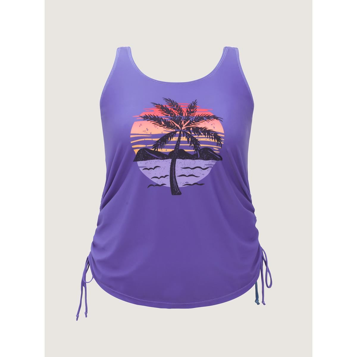 Plus Size Island Print Drawstring Adjustable Swim Top Women's Swimwear Mauve Resort Contrast High stretch Bodycon U-neck Curve Swim Tops BloomChic 28/5X Product Image