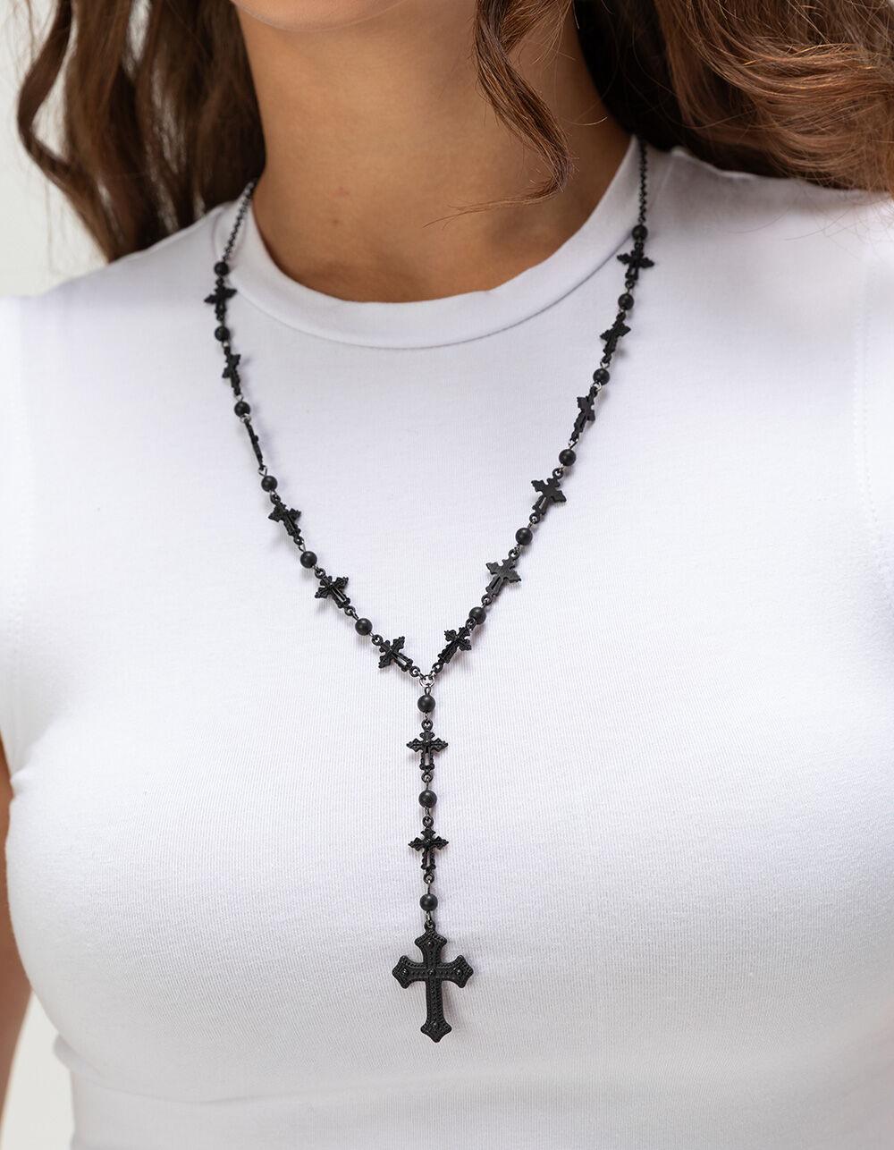 FULL TILT Lariat Rosary Pearl Cross Necklace - BLACK Product Image