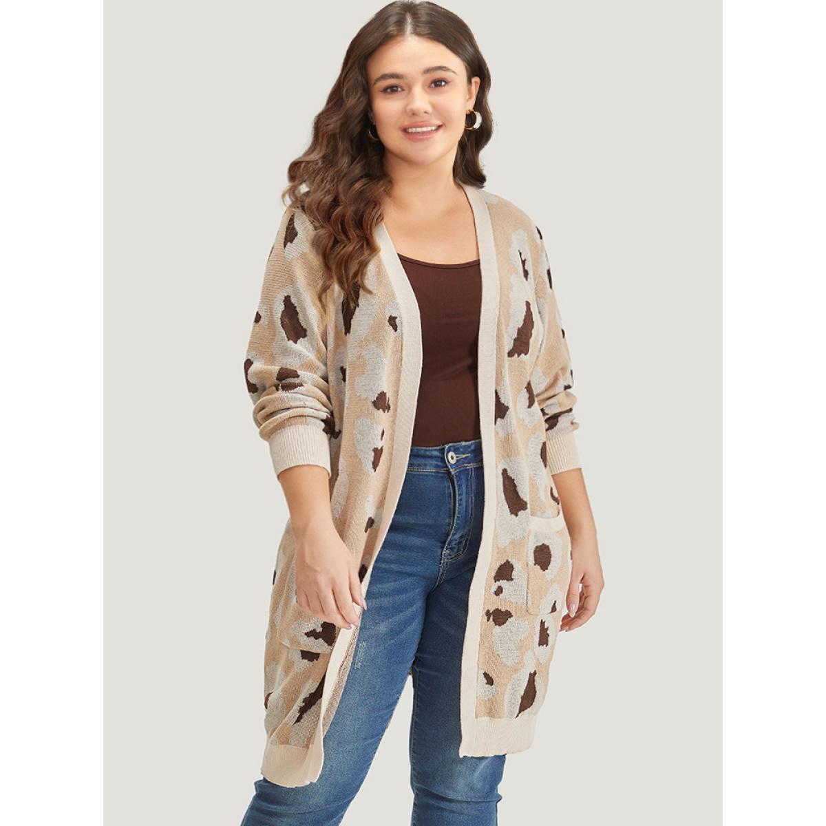 Plus Size Leopard Print Open Front Patched Pocket Cardigan Leopard Women Casual Loose Long Sleeve Dailywear Cardigans BloomChic 12/L Product Image