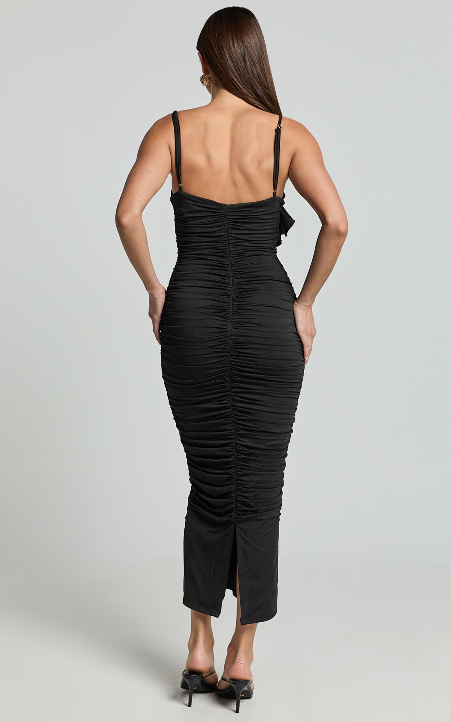 Scarlett Midi Dress - 3D Floral Corsage Ruched Bodycon Dress in Black Product Image