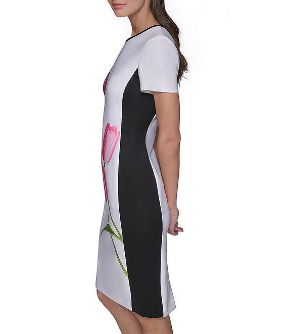 KARL LAGERFELD PARIS Tulip Scuba Floral Print Crew Neck Short Sleeve Sheath Mini Dress Product Image