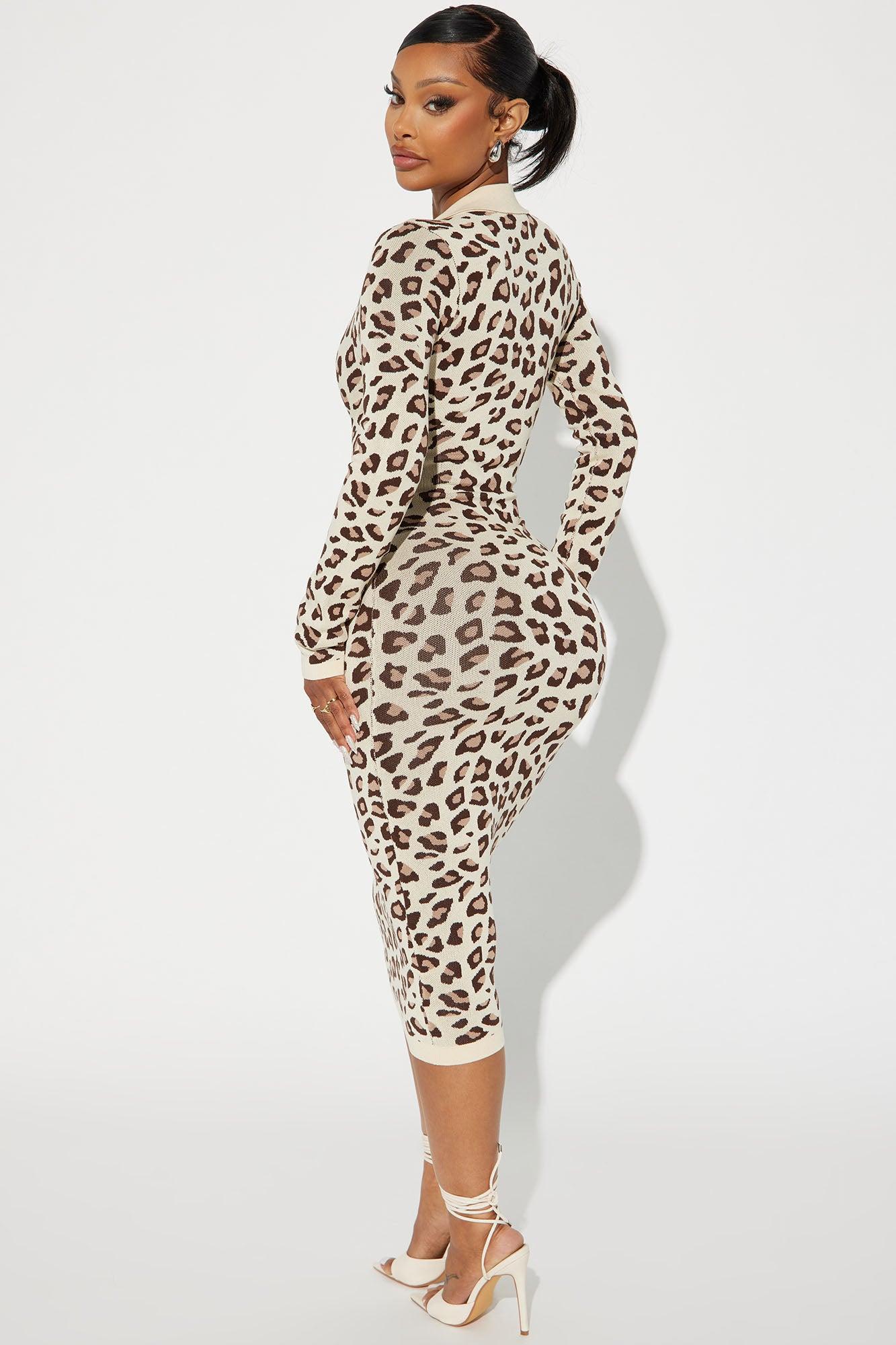 In The Streets Leopard Sweater Midi Dress - Cream/combo Product Image