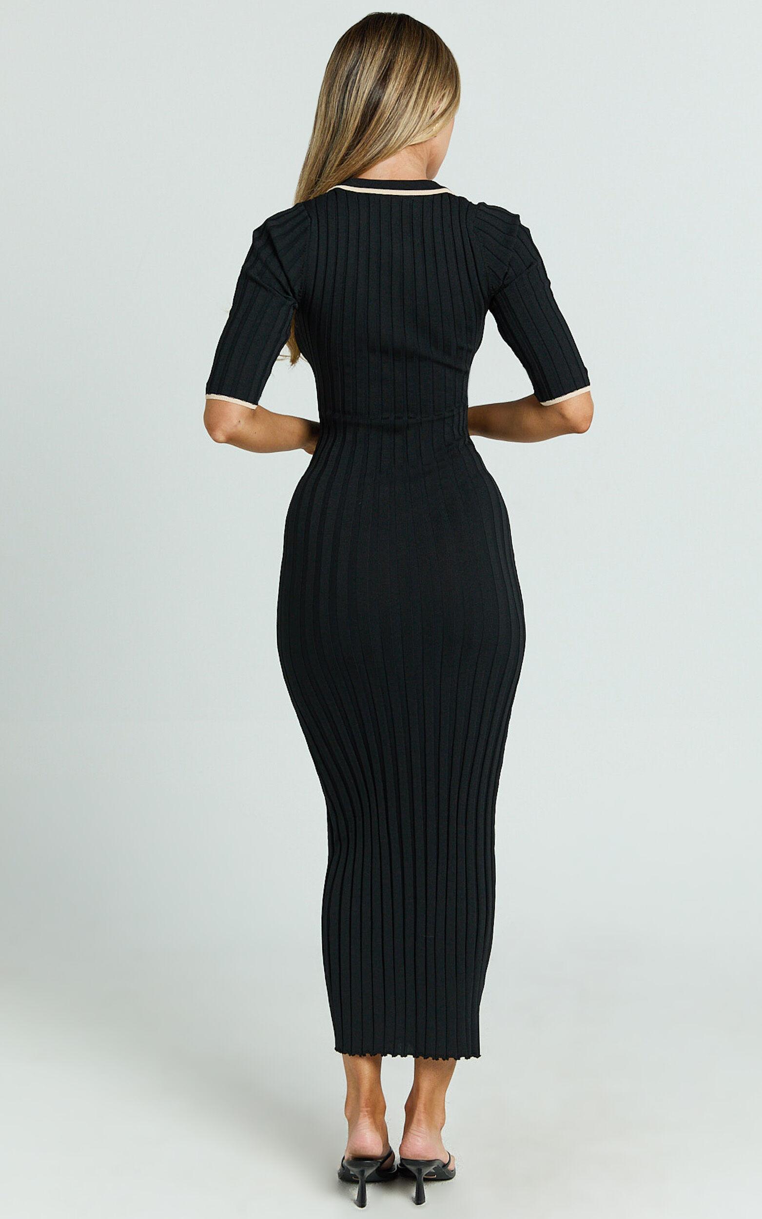 Lada Midi Dress - Short Sleeve Button Front Knit Dress in Black Product Image