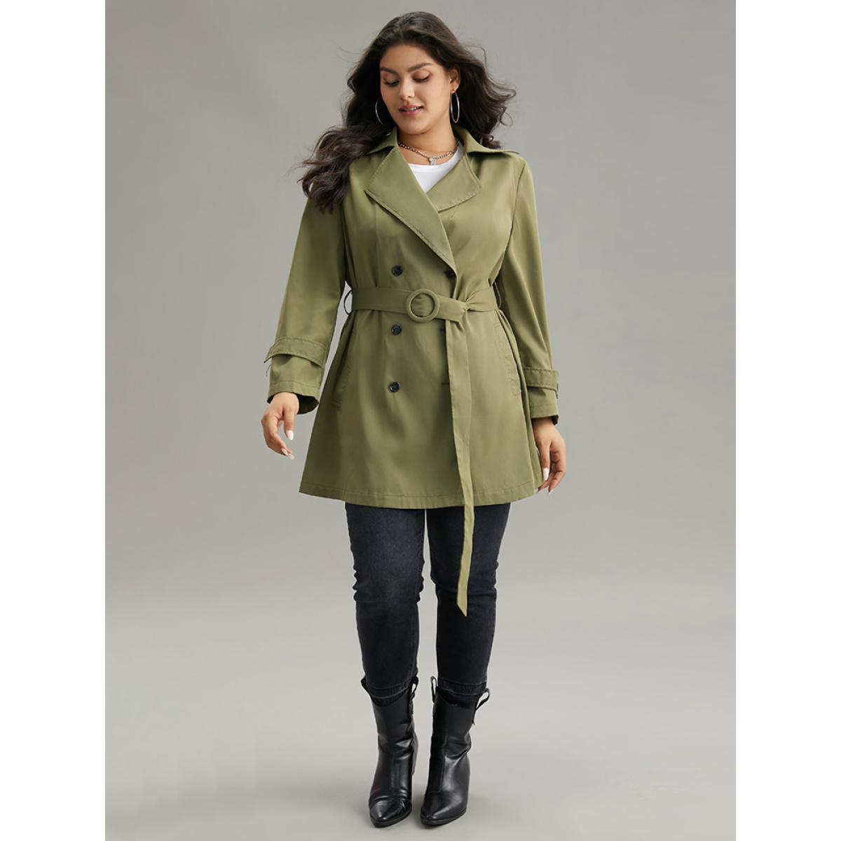 Plus Size Plain Double Breasted Belted Pocket Windbreaker Women ArmyGreen Casual Plain Ladies Dailywear Winter Coats BloomChic 28/5X Product Image