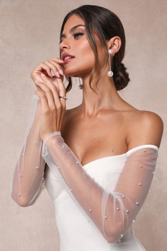 Eternally Beloved White Mesh Off-the-Shoulder Pearl Maxi Dress Product Image