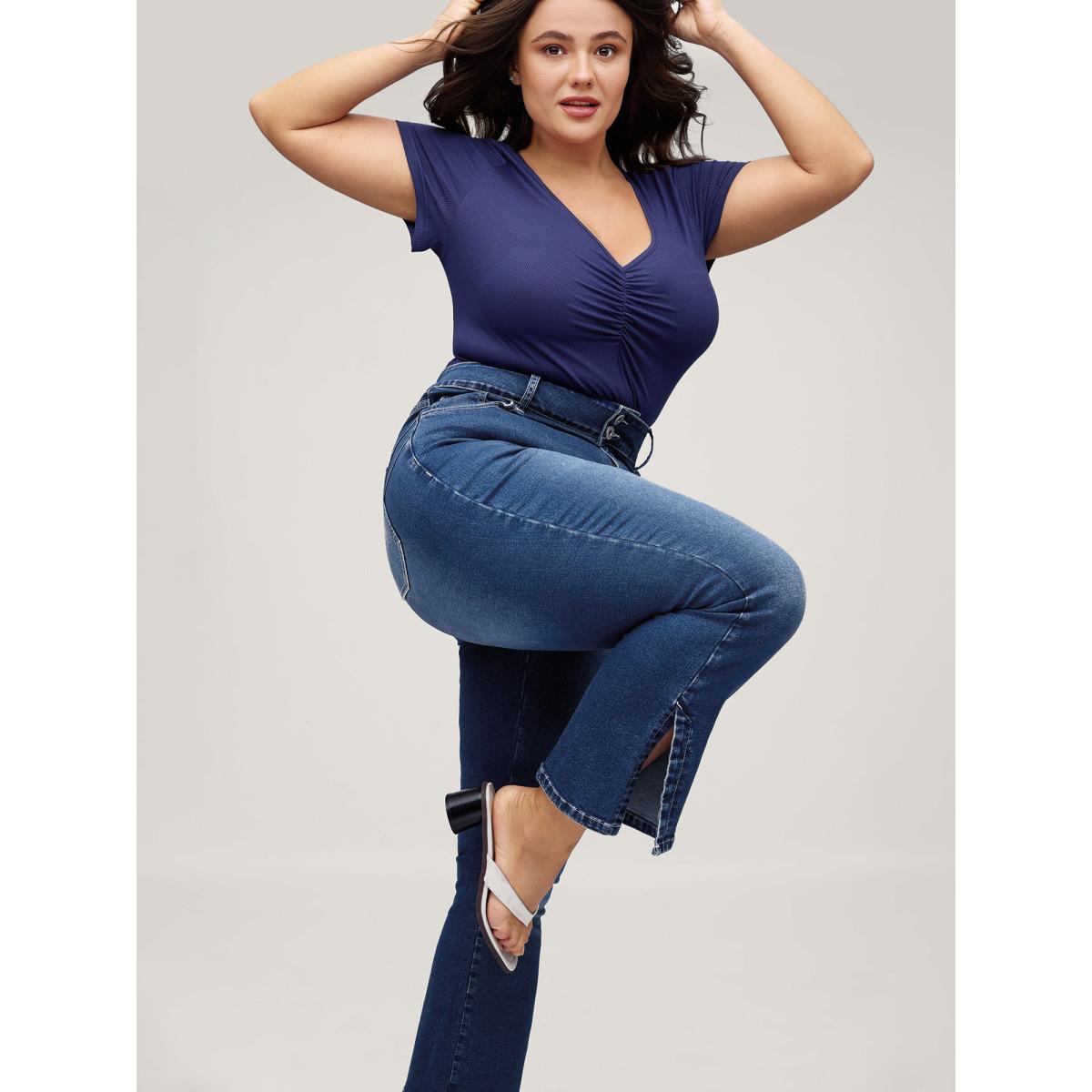 Plus Size Stretch No-Gap Waist Slit Hem Jeans Women Midblue Casual Slit High stretch Slanted pocket Jeans BloomChic 10/M Product Image