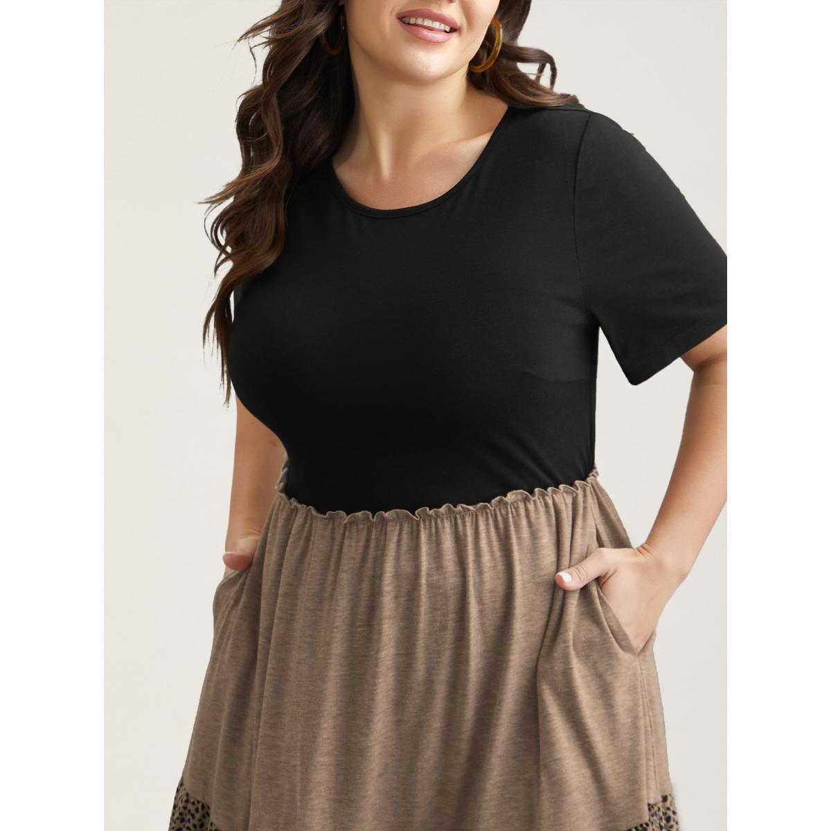 Plus Size Leopard Print Color-Block Pockets Midi Dress Multicolor Women Leisure Frill Trim Knit Dresses Bloomchic 18-20/2X Product Image