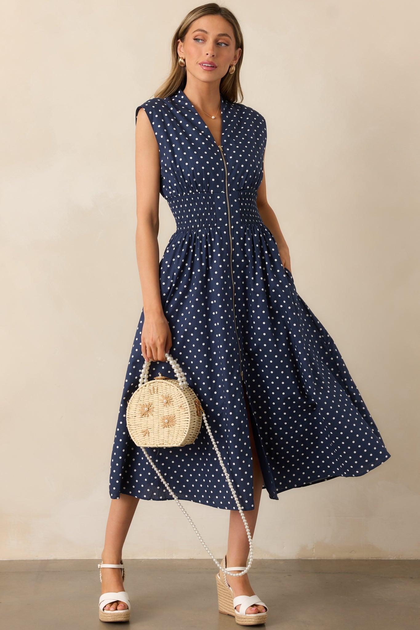 The Evette Navy Polka Dot Zip Front Midi Dress Product Image