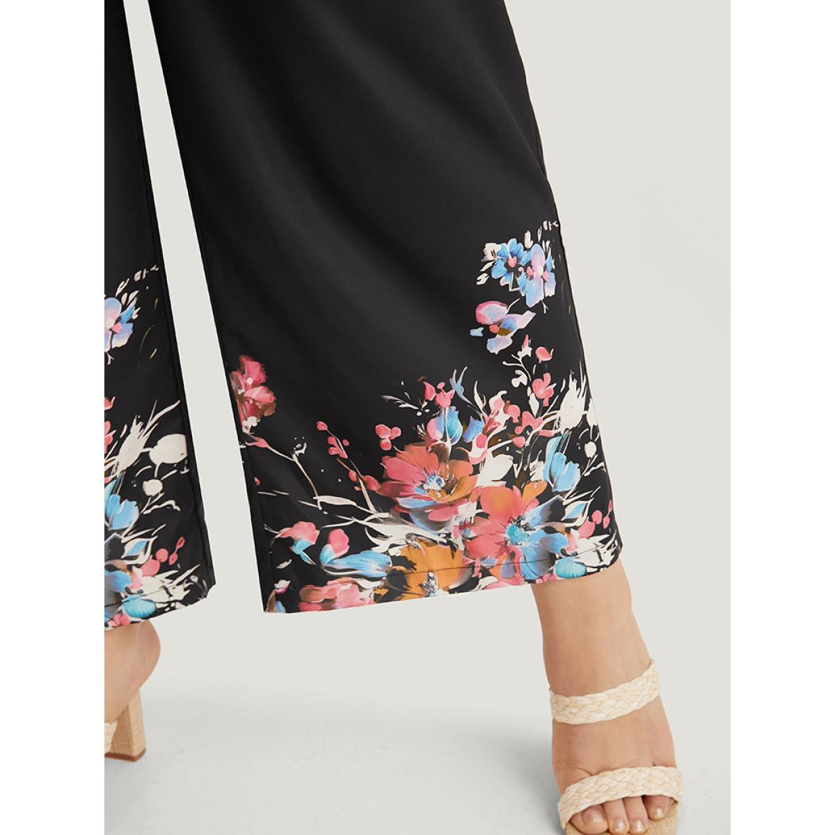 Plus Size Black Boho Print Drawstring Pocket Flutter Sleeve Jumpsuit Women Elegant Elbow-length sleeve V-neck Everyday Loose Jumpsuits BloomChic 10/M Product Image