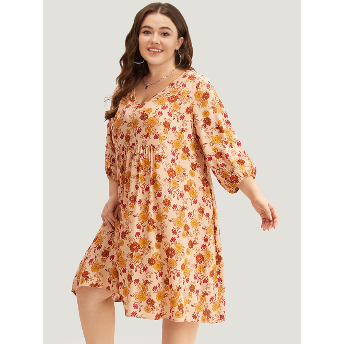 Plus Size Supersoft Essentials Floral Print Pocket V Neck Dress Apricot Women Resort Elastic cuffs V-neck Elbow-length sleeve Curvy Midi Dress BloomChic 10/M Product Image