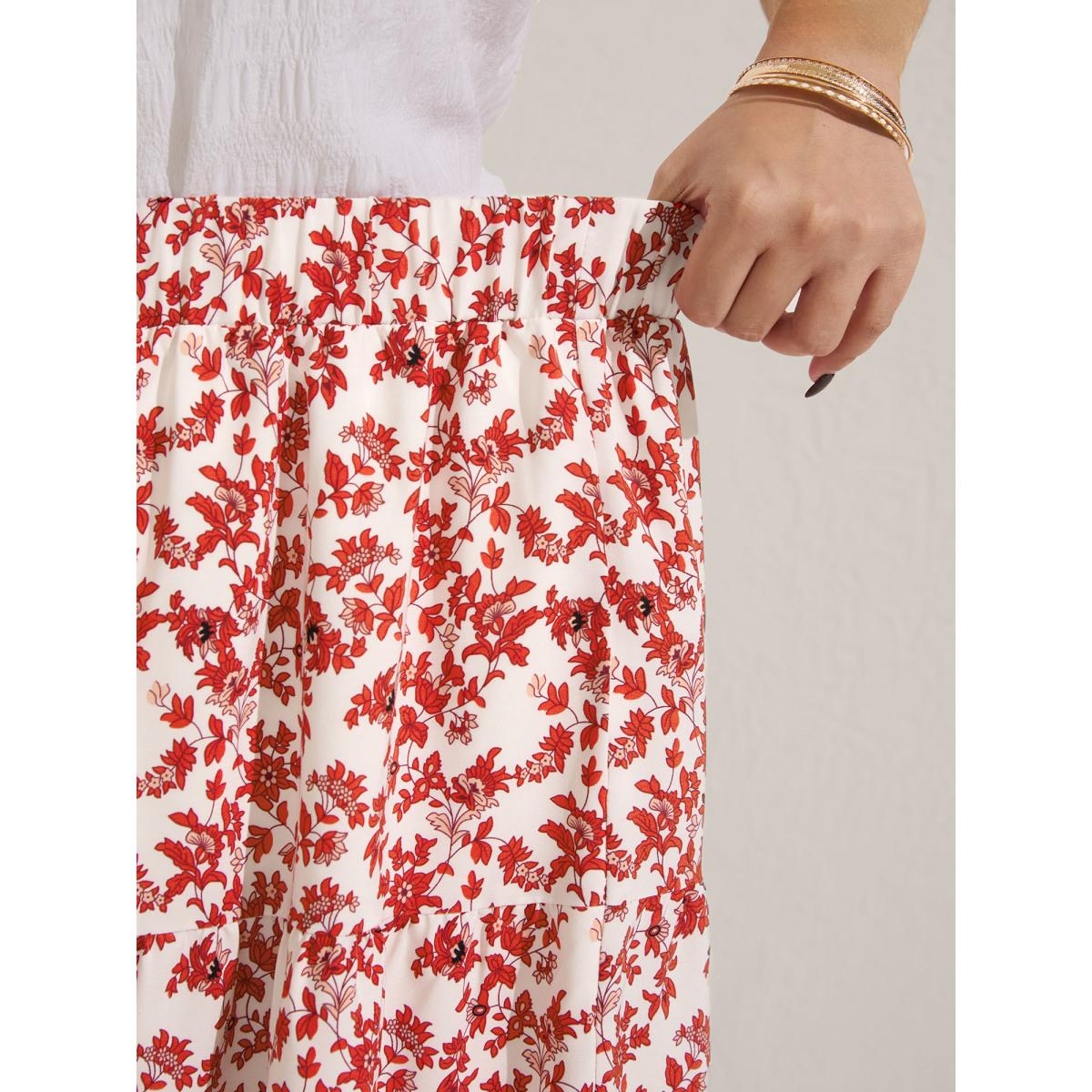 Plus Size Floral Boho Print Tiered Maxi Skirt Women Salmon Loose No stretch Side seam pocket Vacation Skirts BloomChic 14-16/1X Product Image