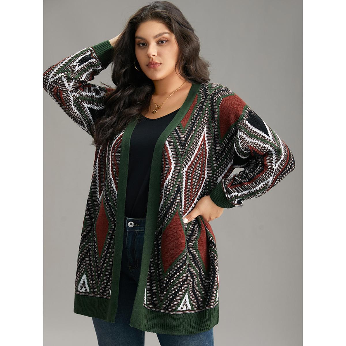 Plus Size Geometric Contrast Open Front Cardigan DarkGreen Women Casual Loose Long Sleeve Dailywear Cardigans BloomChic 12/L Product Image