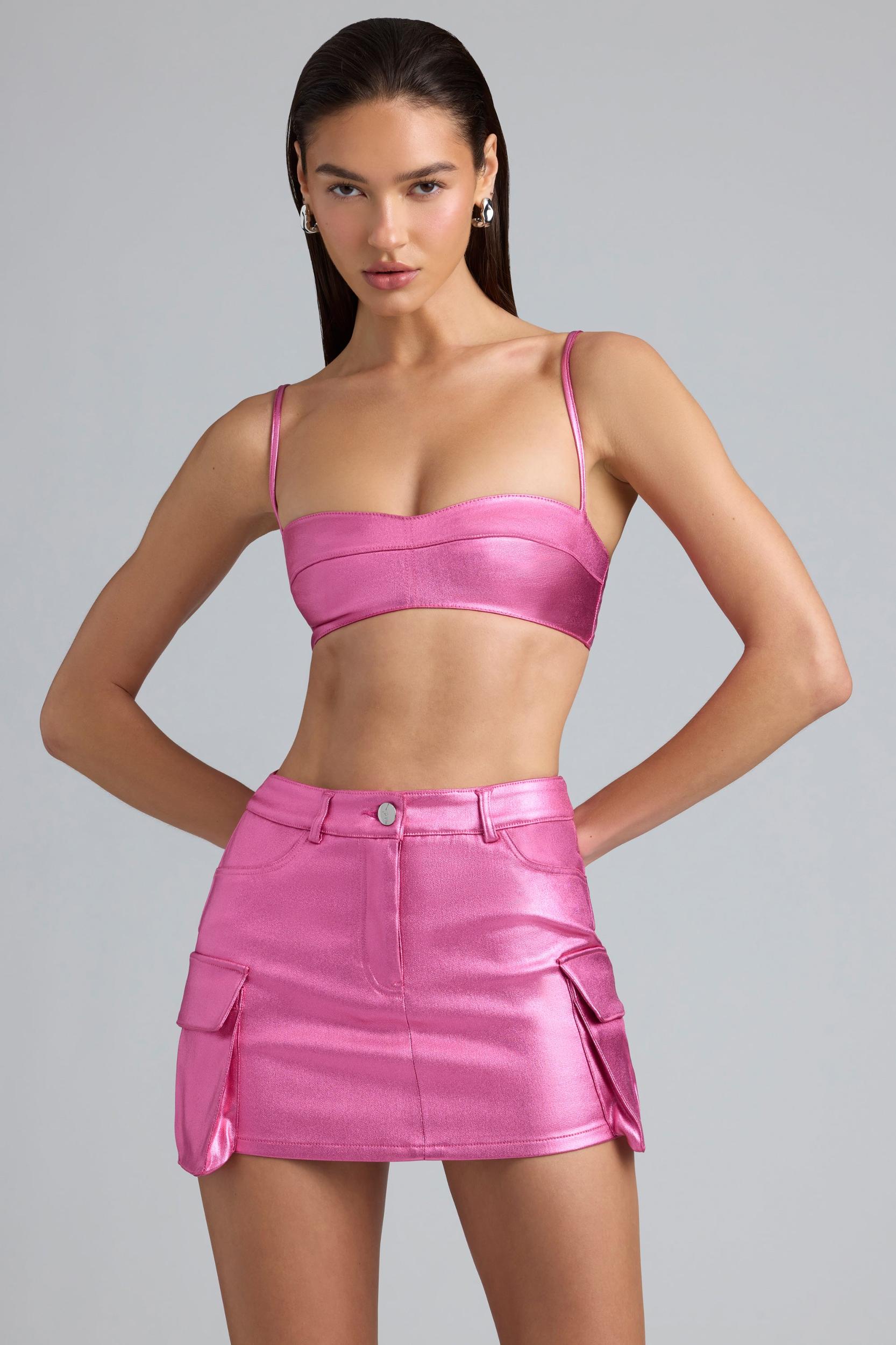 Metallic Denim Mid-Rise Cargo Mini Skirt in Deep Pink Product Image
