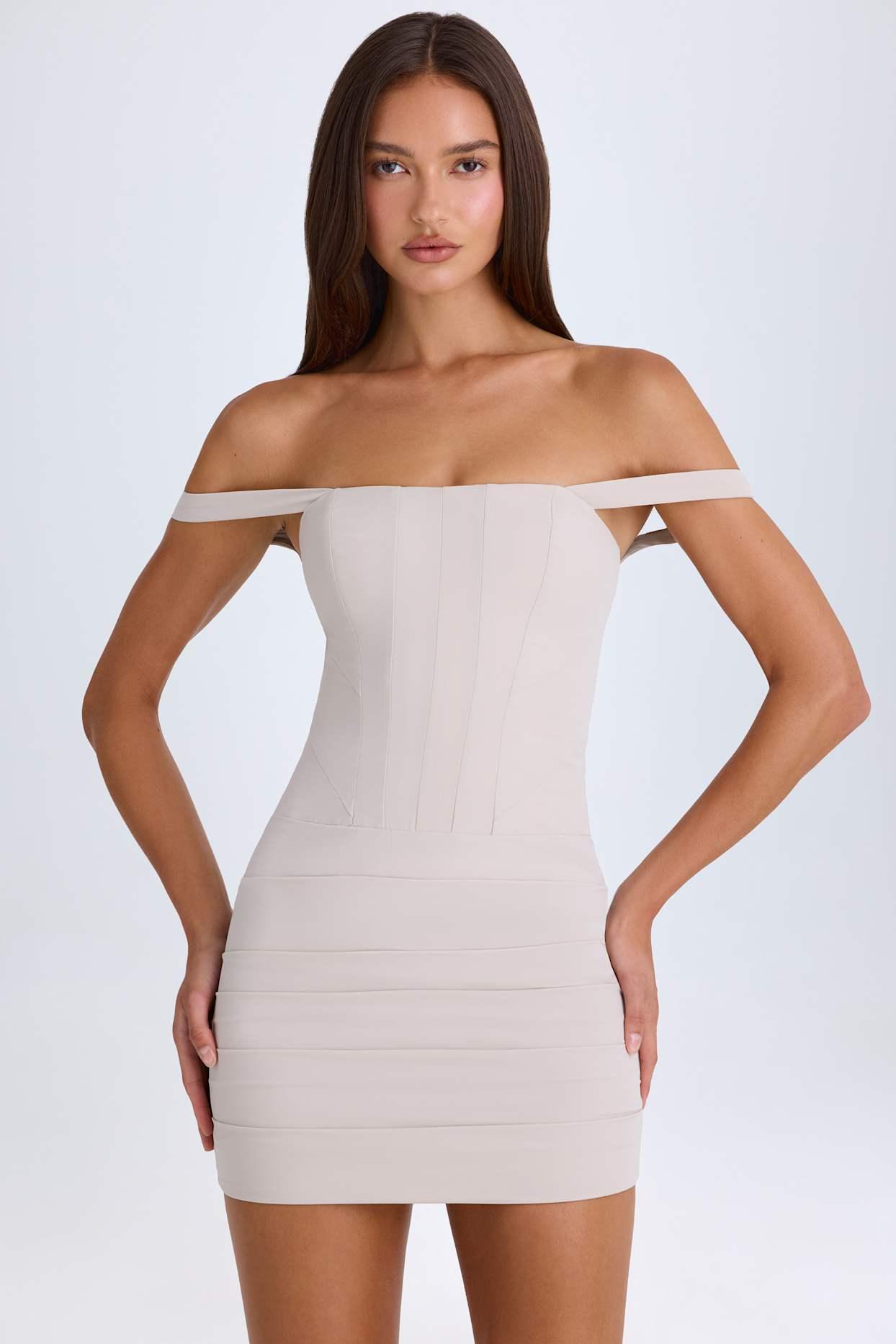 Off-Shoulder Corset Mini Dress in Taupe Product Image