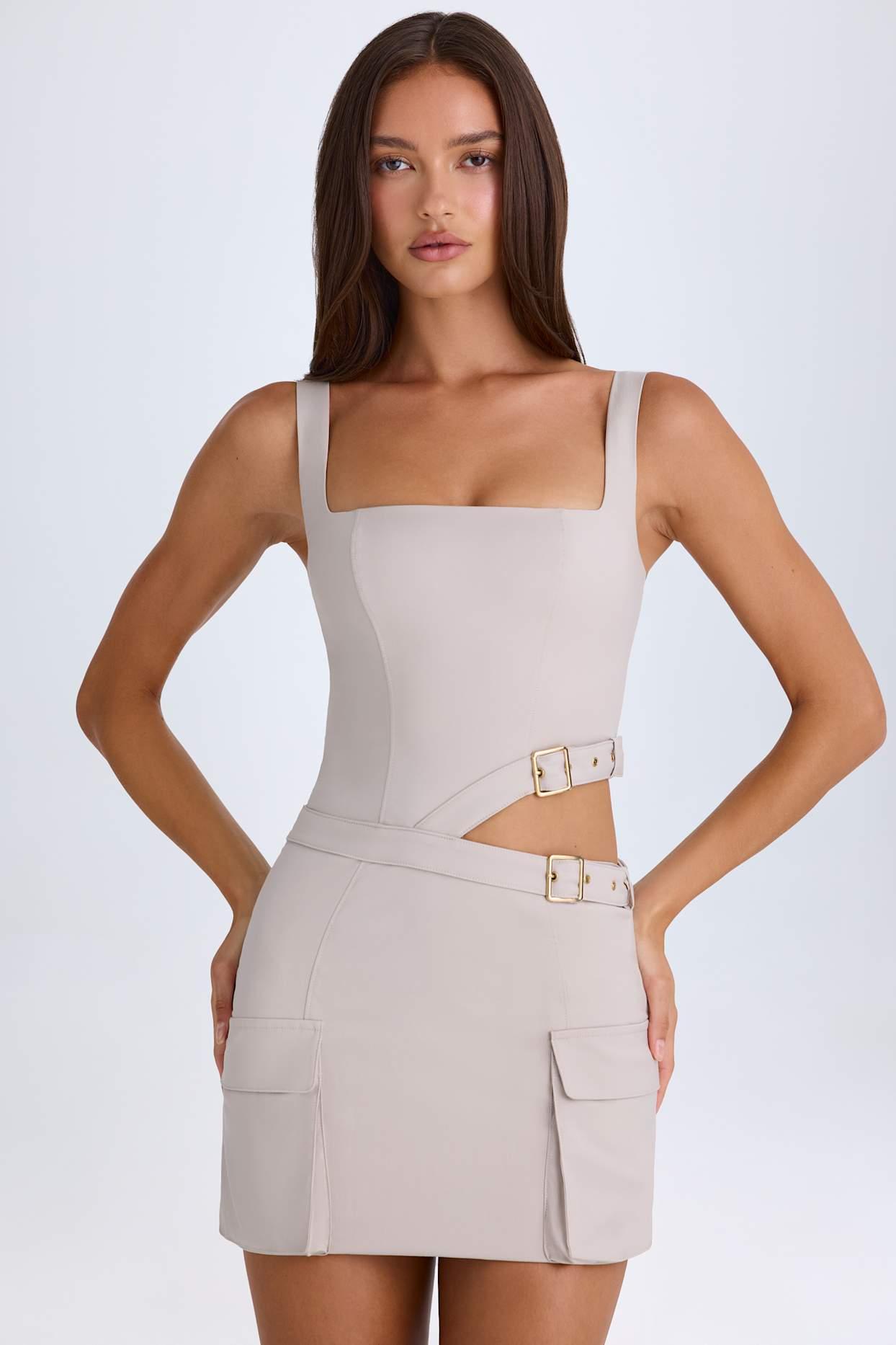 Belted Cut-Out Mini Dress in Taupe Product Image