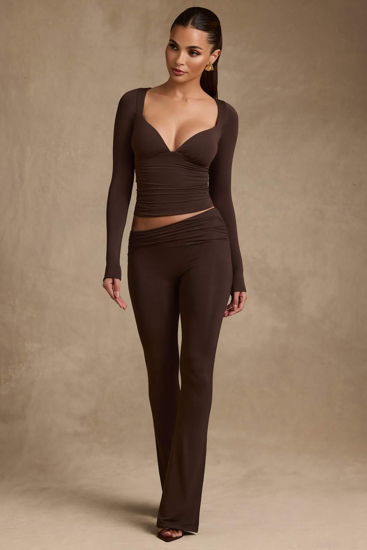 Modal Asymmetric-Waist Flared Trousers in Chocolate Brown Product Image